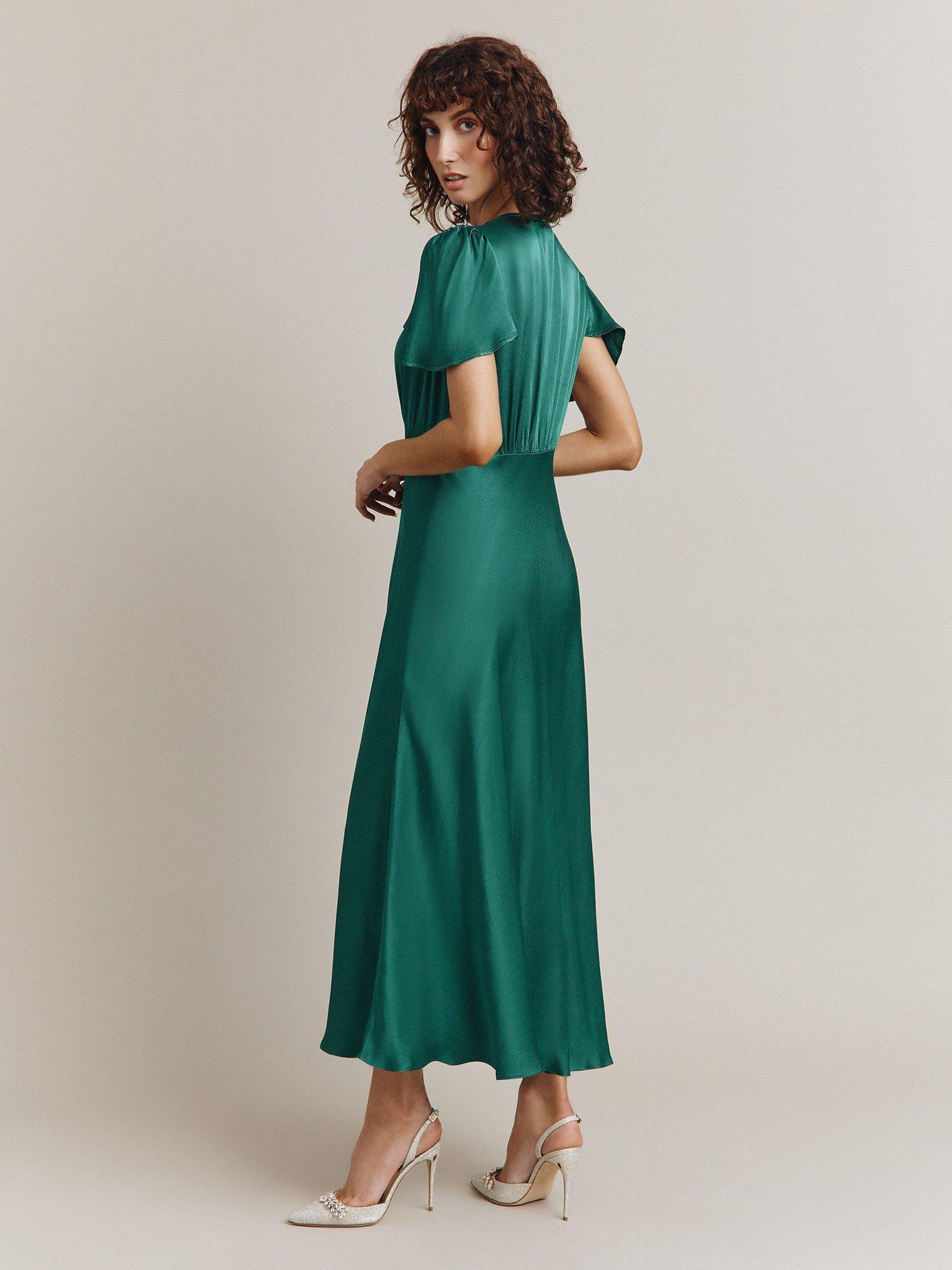 Ghost Grace Bias Cut Satin Midi Dress, Dark Green, XS