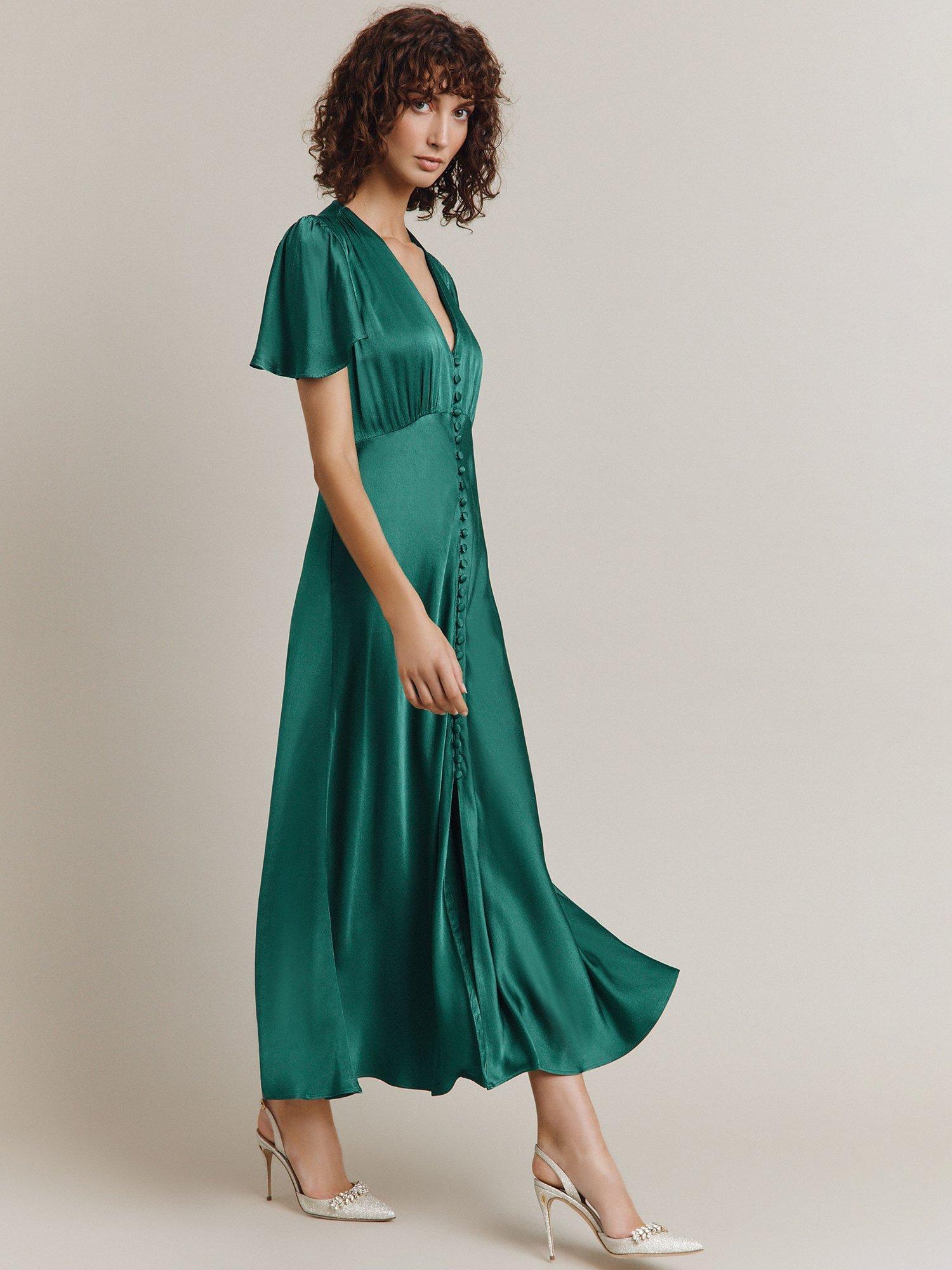 Ghost Grace Bias Cut Satin Midi Dress, Dark Green, XS