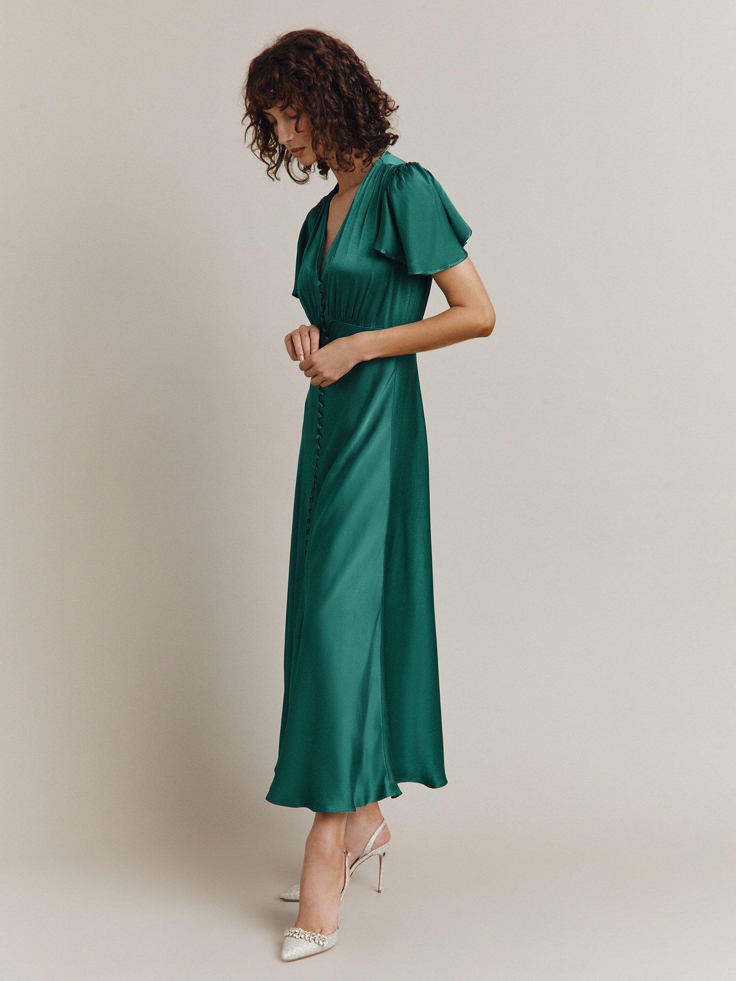 Ghost Grace Bias Cut Satin Midi Dress, Dark Green, XS