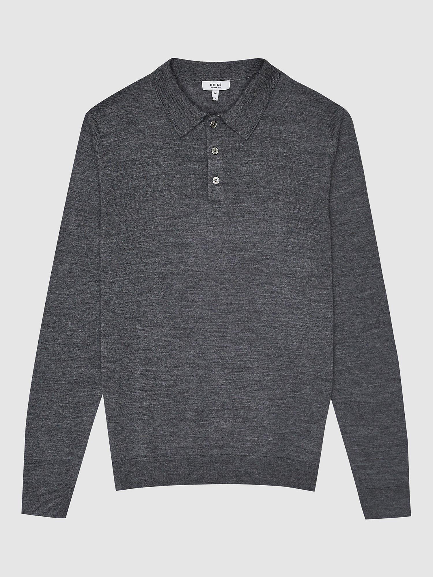 Reiss Trafford Knitted Wool Long Sleeve Polo Top, Mid Grey Melange, XS