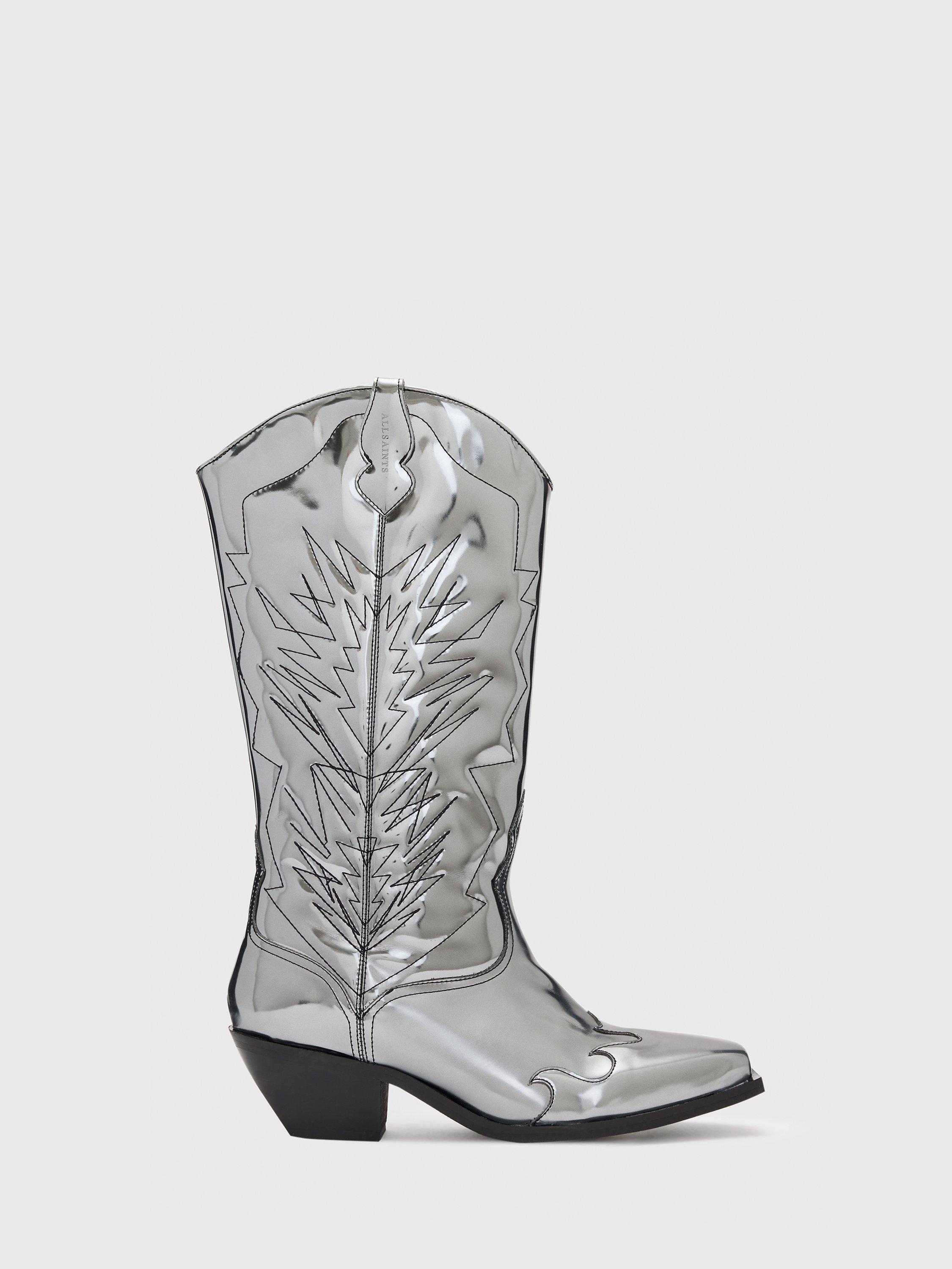 AllSaints Kacey Cowboy Leather Boots, Silver
