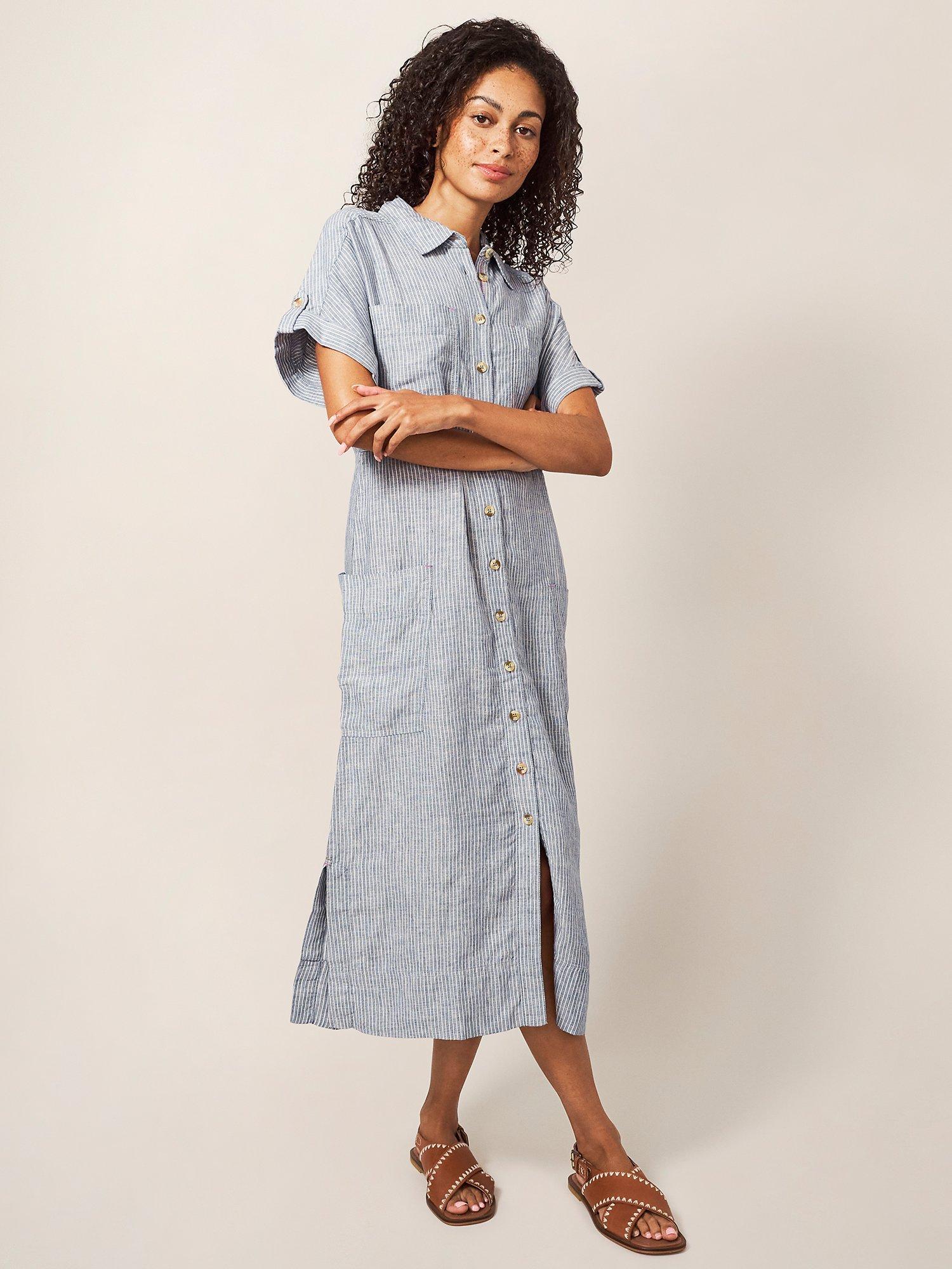 White Stuff Reno Linen Shirt Dress, Blue