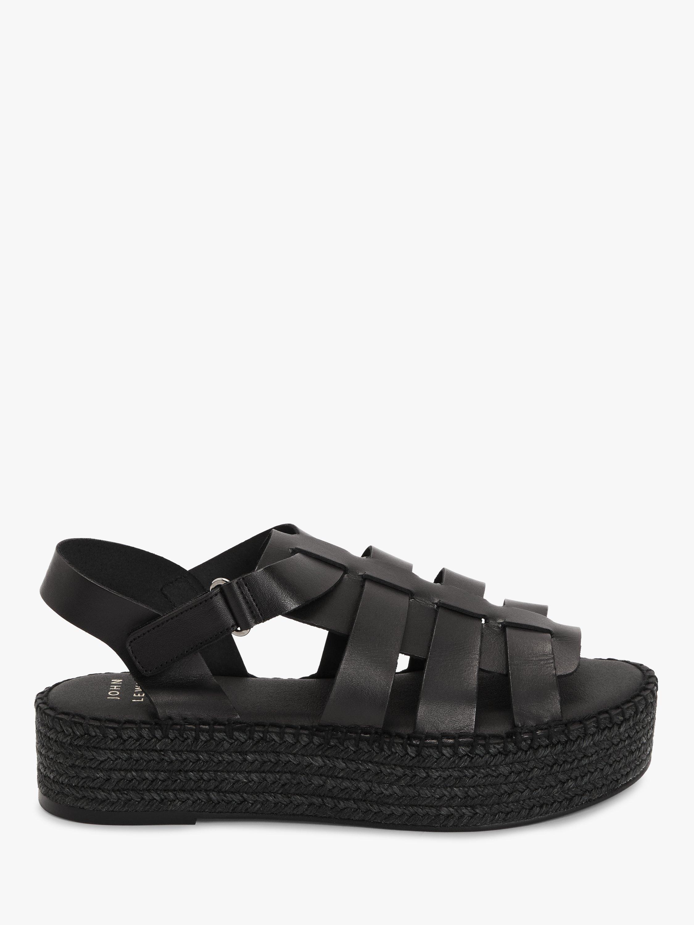 John Lewis Korfu Leather Raw Edge Fisherman Espadrilles, Black, 8
