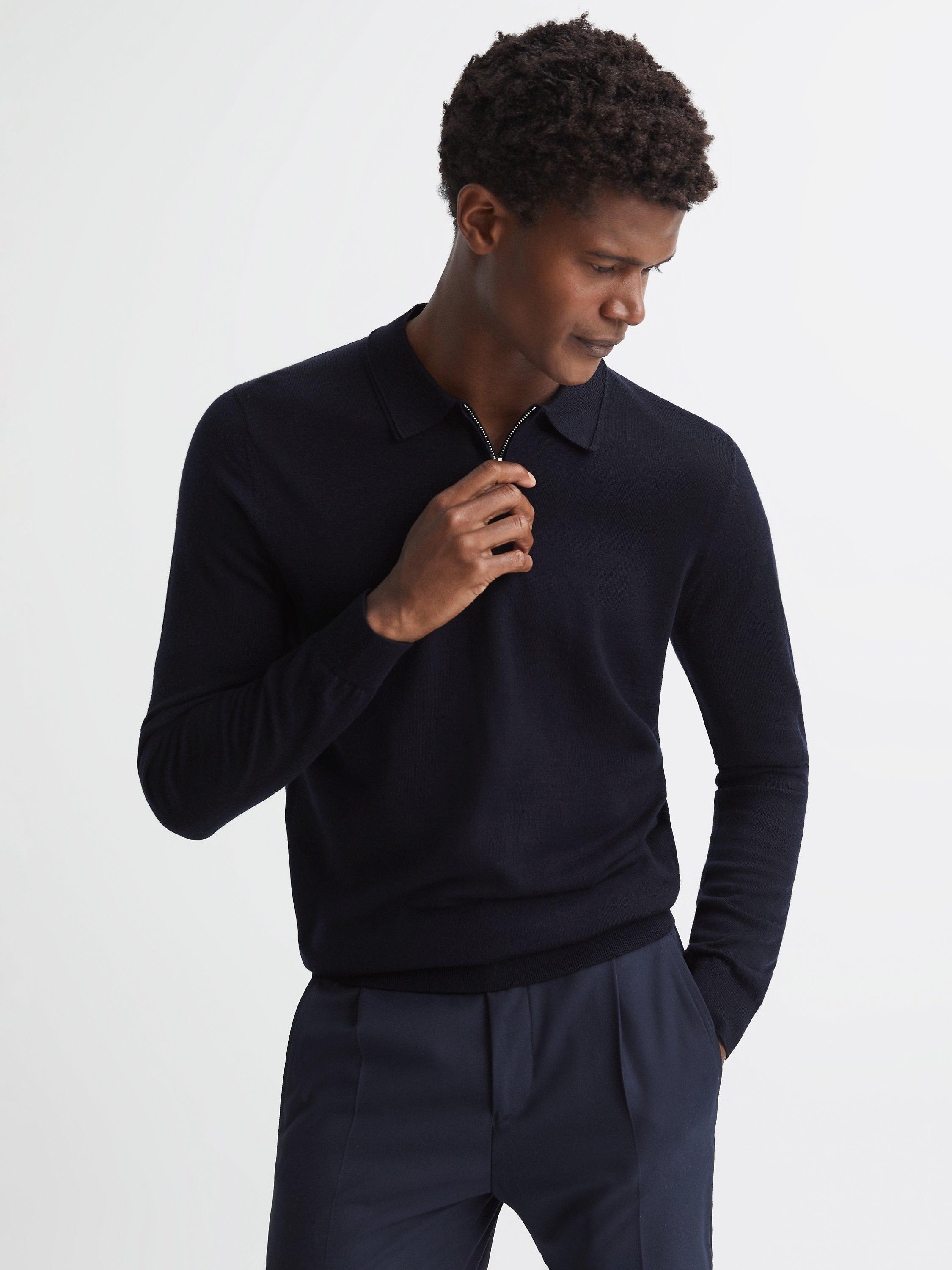 Reiss Robertson Knitted Long Sleeve Polo Top, Navy