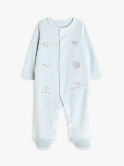 John Lewis Baby Elephant Velour Sleepsuit, Blue, Blue