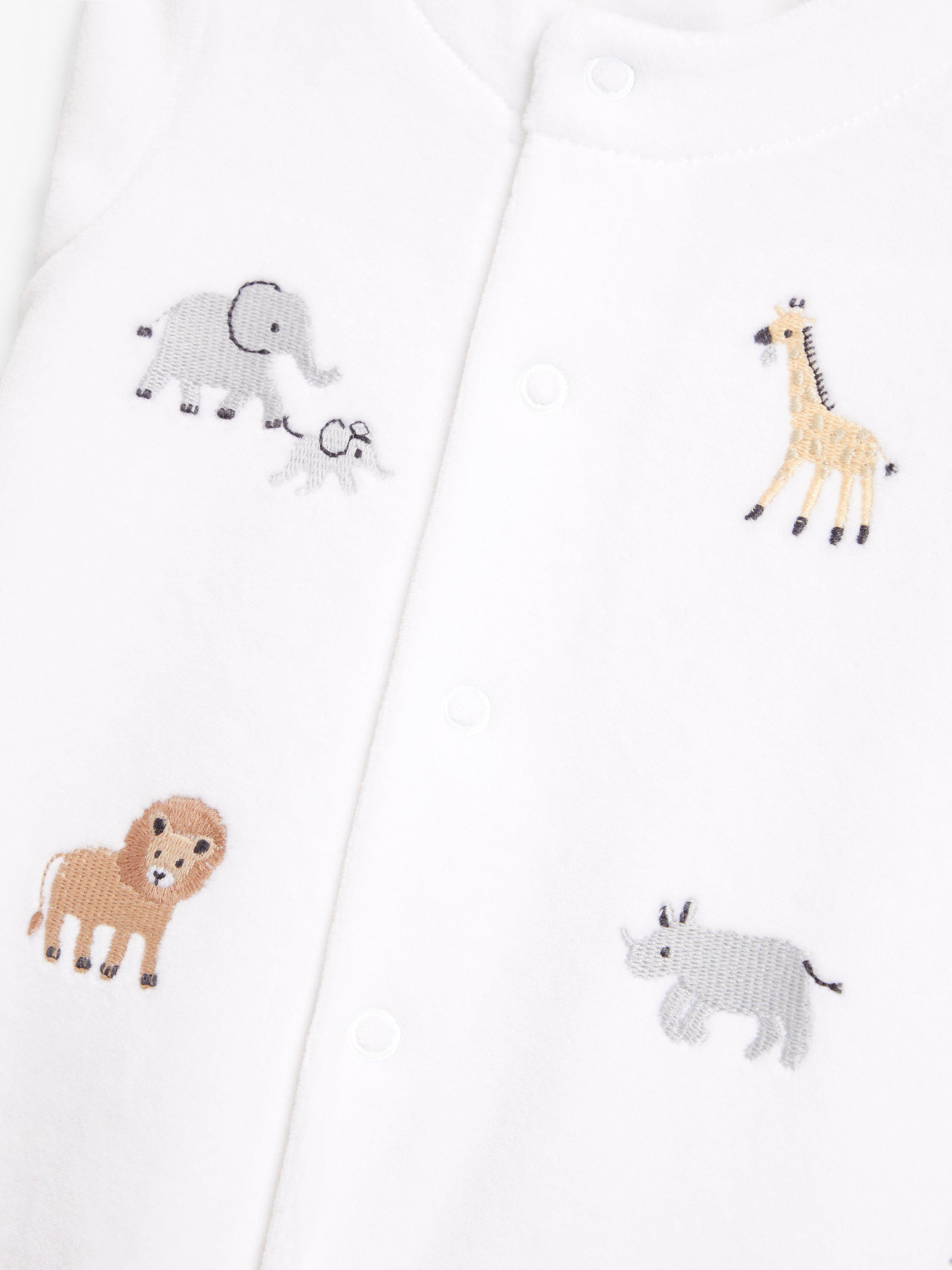 Product image 3 of 3, which shows John Lewis Baby Safari Animal Velour Sleepsuit, Cream, Tiny Baby