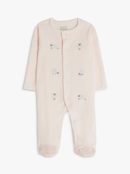 John Lewis Baby Sheep Velour Sleepsuit, Pink, Pink