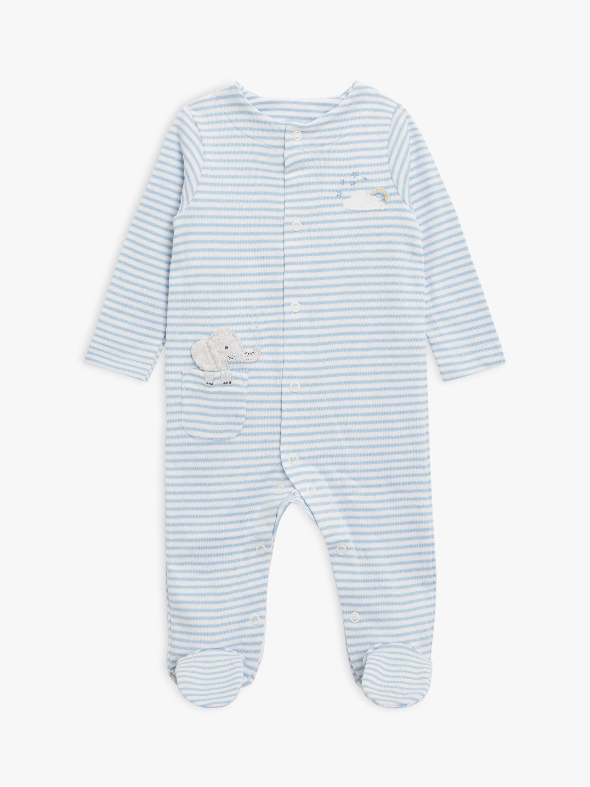 Product image 1 of 3, which shows John Lewis Baby Elephant Stripe Sleepsuit, Blue/Multi, Tiny Baby