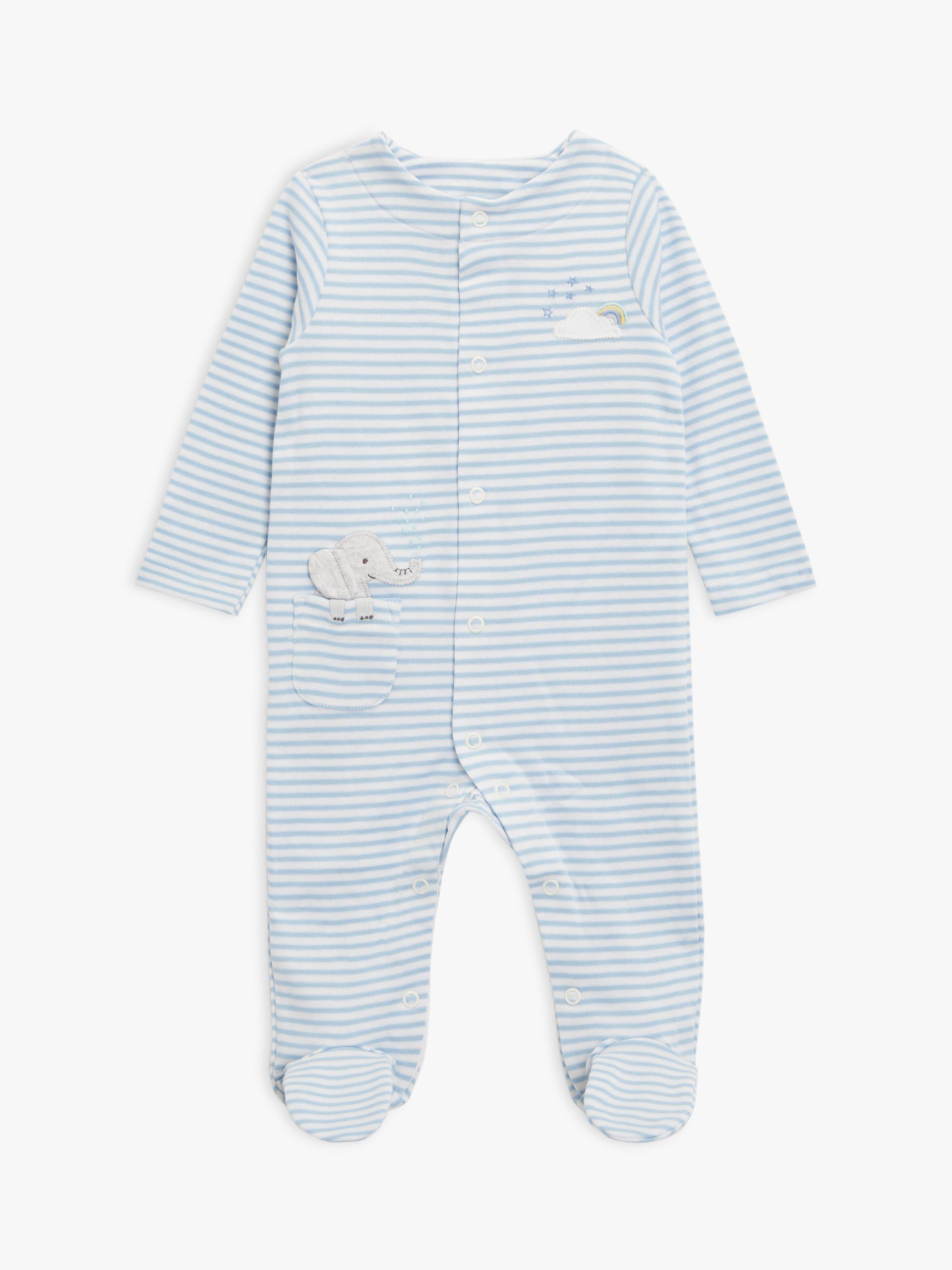 John Lewis Baby Elephant Stripe Sleepsuit, Blue/Multi, Tiny Baby