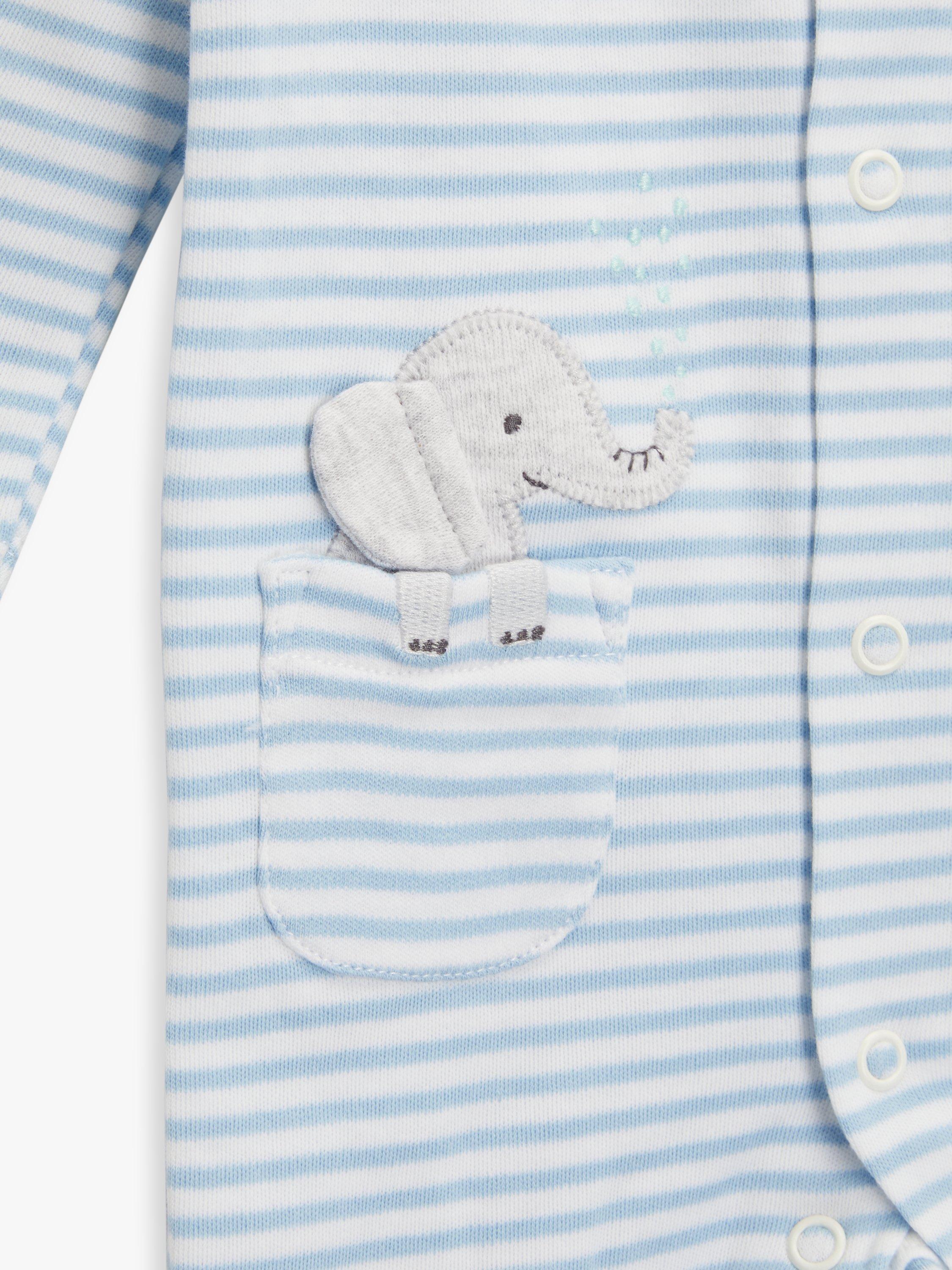 Product image 3 of 3, which shows John Lewis Baby Elephant Stripe Sleepsuit, Blue/Multi, Tiny Baby