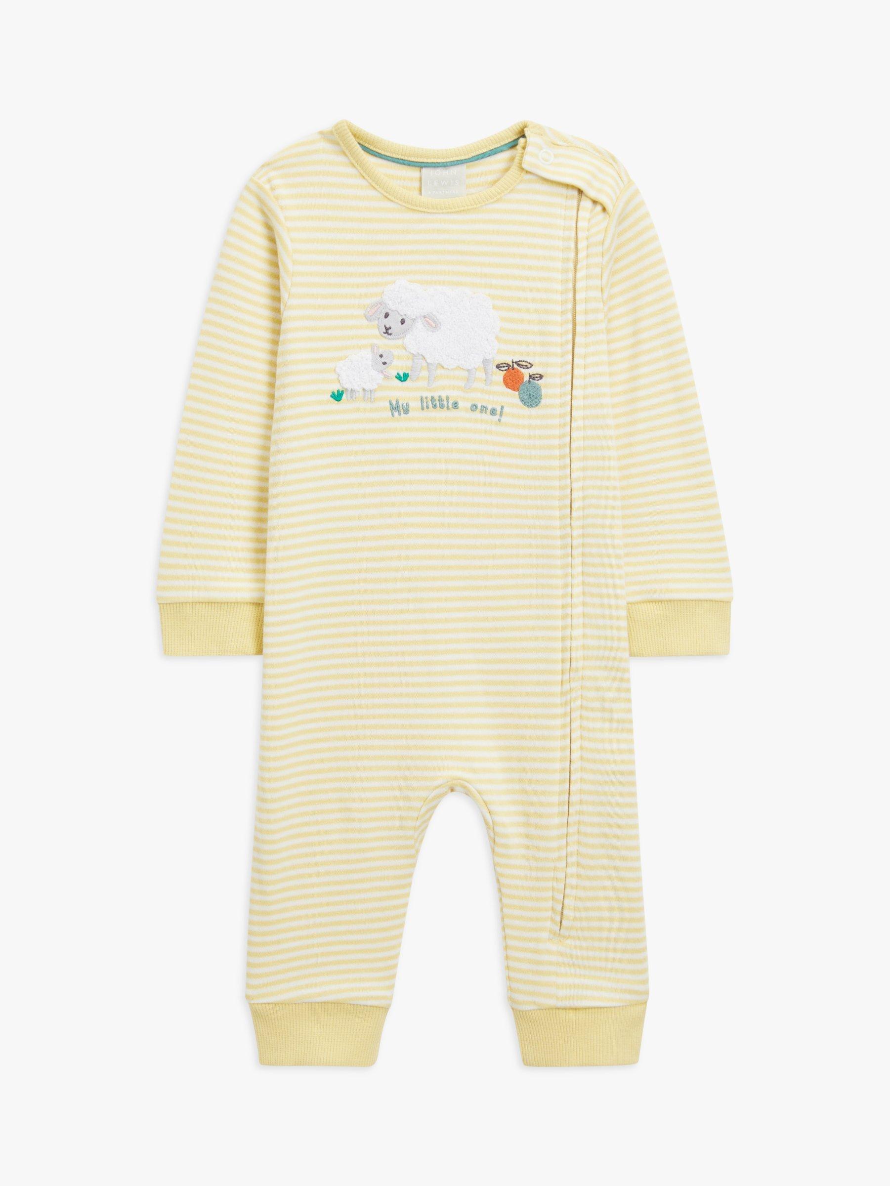 John Lewis Baby Striped Sheep Long Sleeve Romper, Yellow