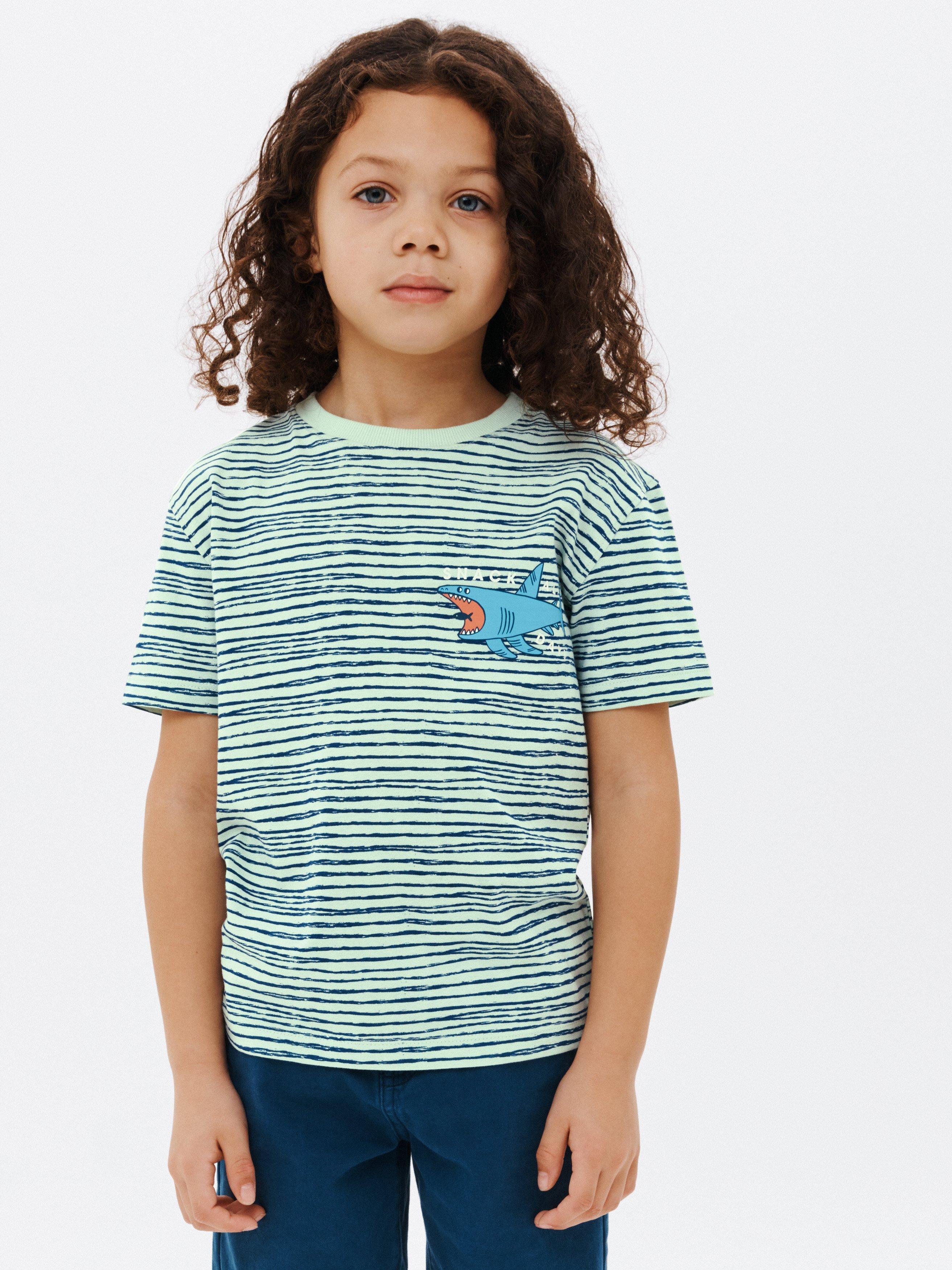 John Lewis Kids' Snacking Shark Stripe T-Shirt, Green