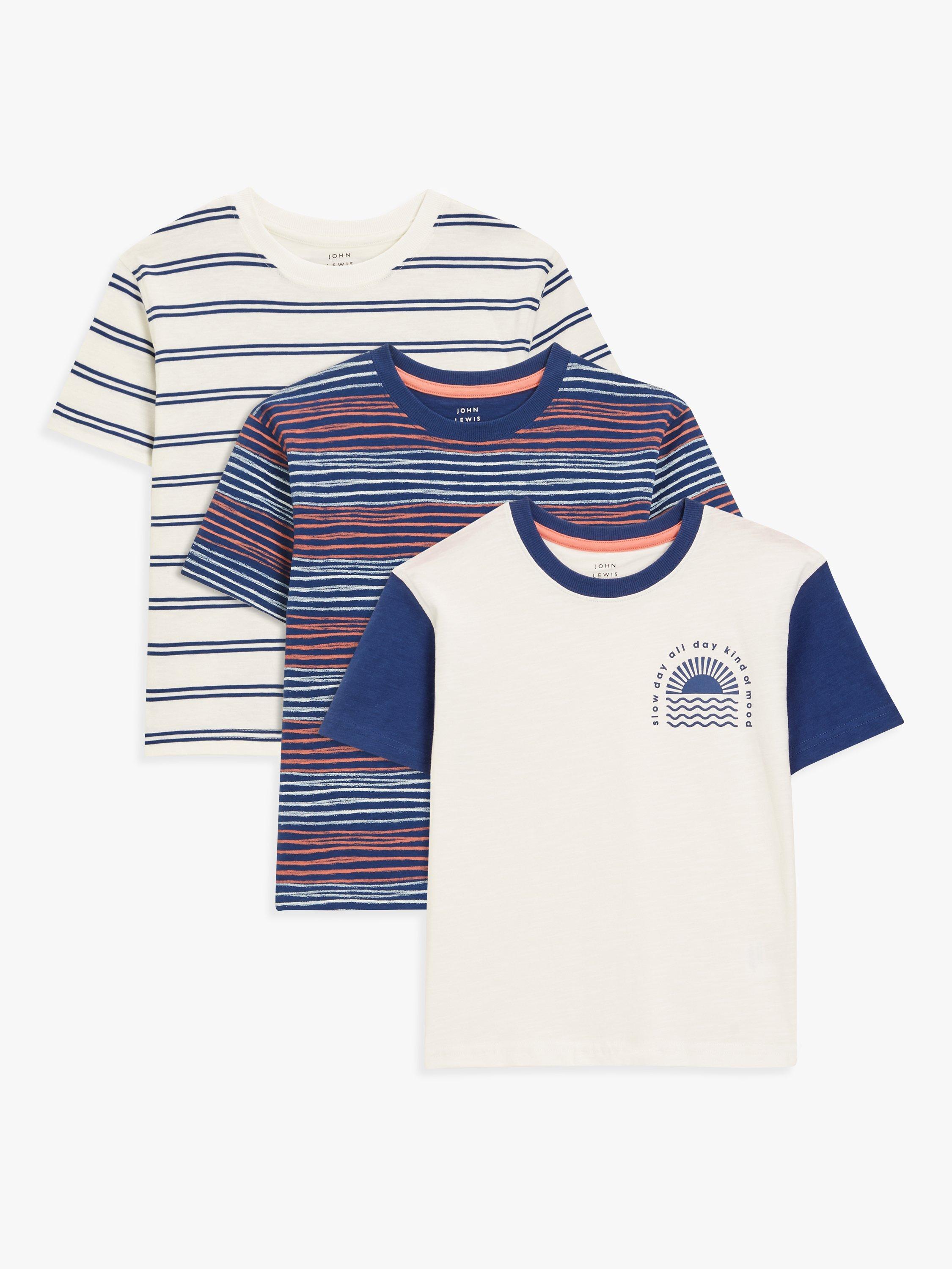 John Lewis Kids' Stripe & Slow day Graphic Short Sleeve T-Shirts, Pack of 3, Multi
