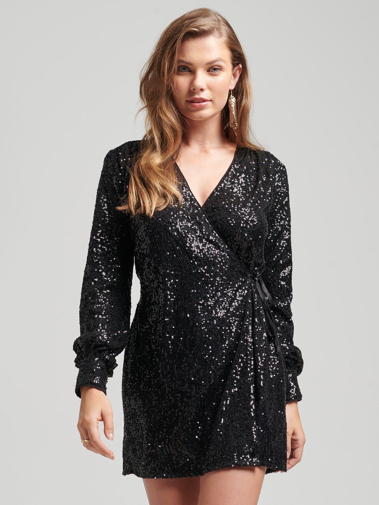 Superdry Sleeved Sequin Wrap Mini Dress, Black Angle Sequins
