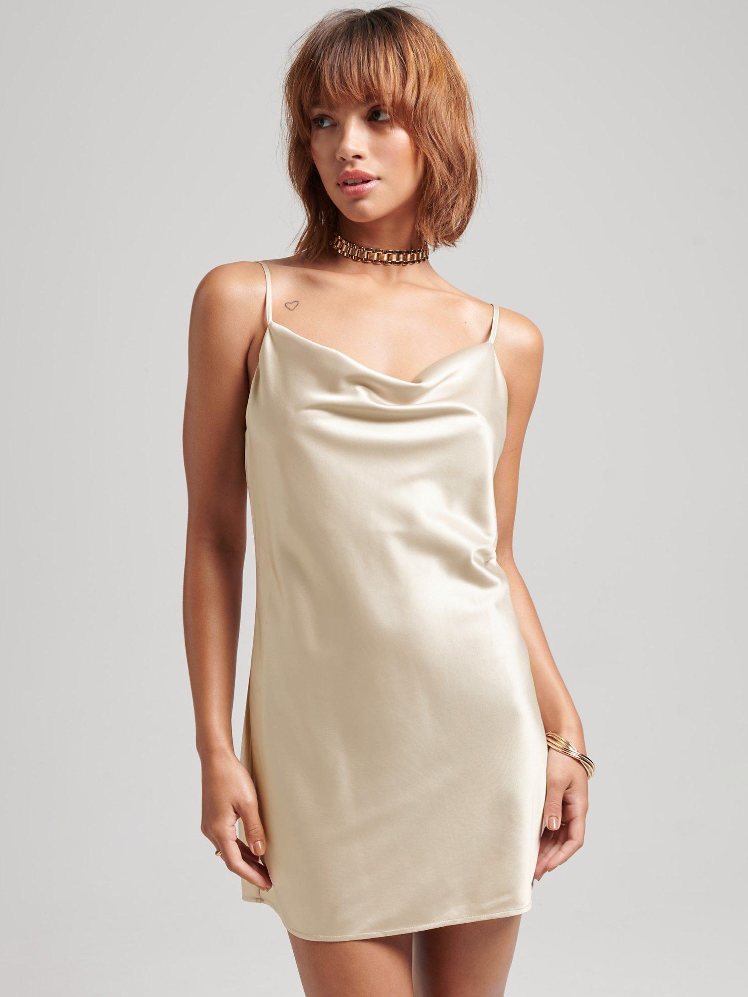 Superdry Satin Cowl Slip Mini Dress, Soft Gold