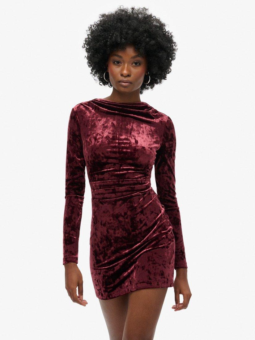 Product image 1 of 5, which shows Superdry Velvet Long Sleeve Mini Dress, Maroon Crush, 6