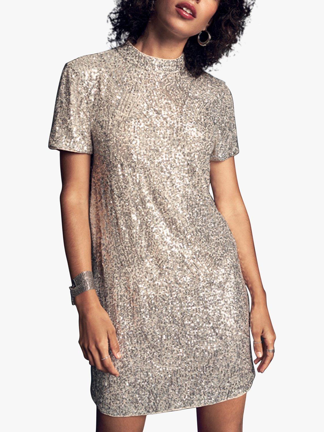 Superdry Sequin T-Shirt Dress, Silver Deco Sequin