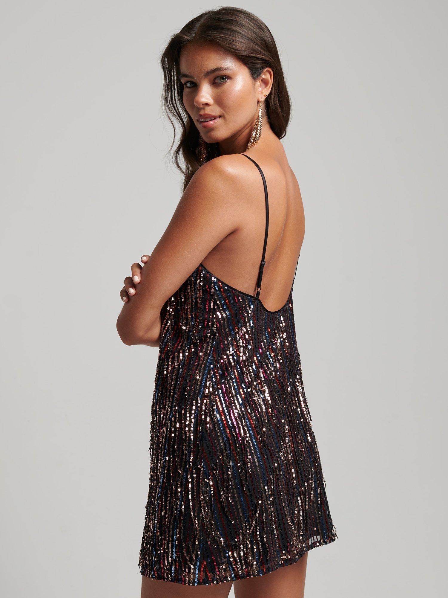Superdry Fringed Sequin Slip Mini Dress, Multi Fringe