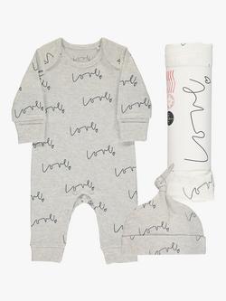 From Babies with Love Love Script Baby Grow, Hat & Muslin Shawl Gift Set, Grey, Grey