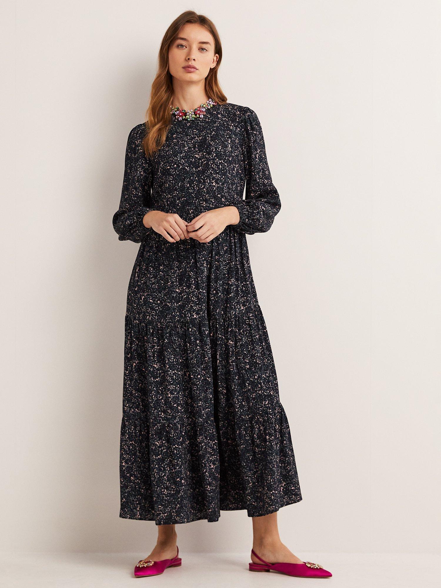 Boden Abstract Blossom Print Crew Neck Tiered Dress, Navy