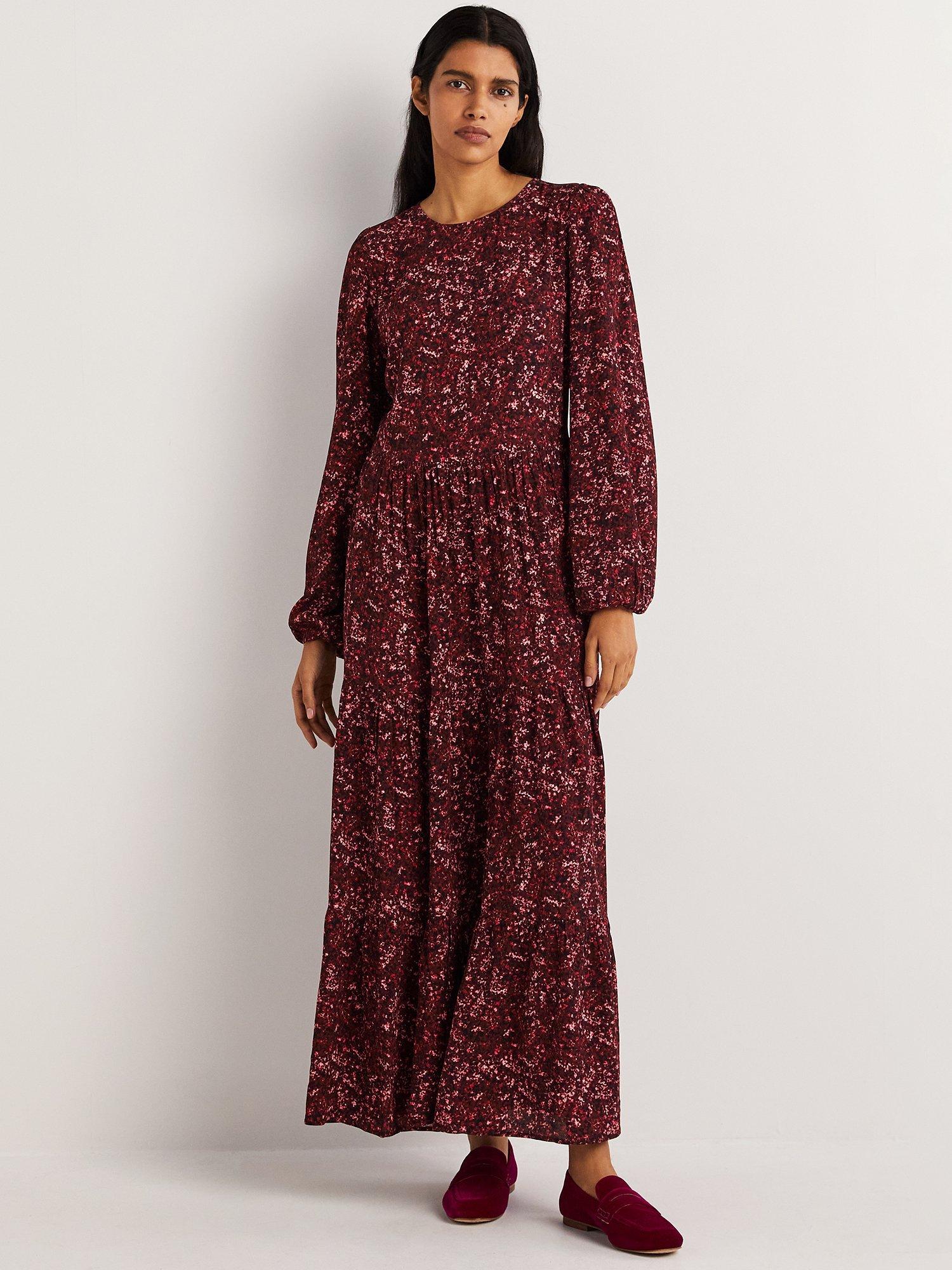 Boden Abstract Blossom Print Crew Neck Tiered Dress, Mulled Wine