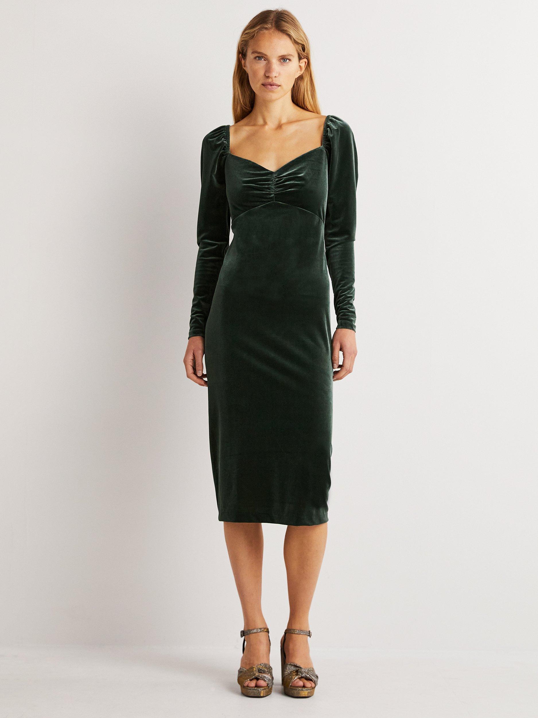 Boden Velvet Sweetheart Neckline Midi Dress, Onyx Green, 14