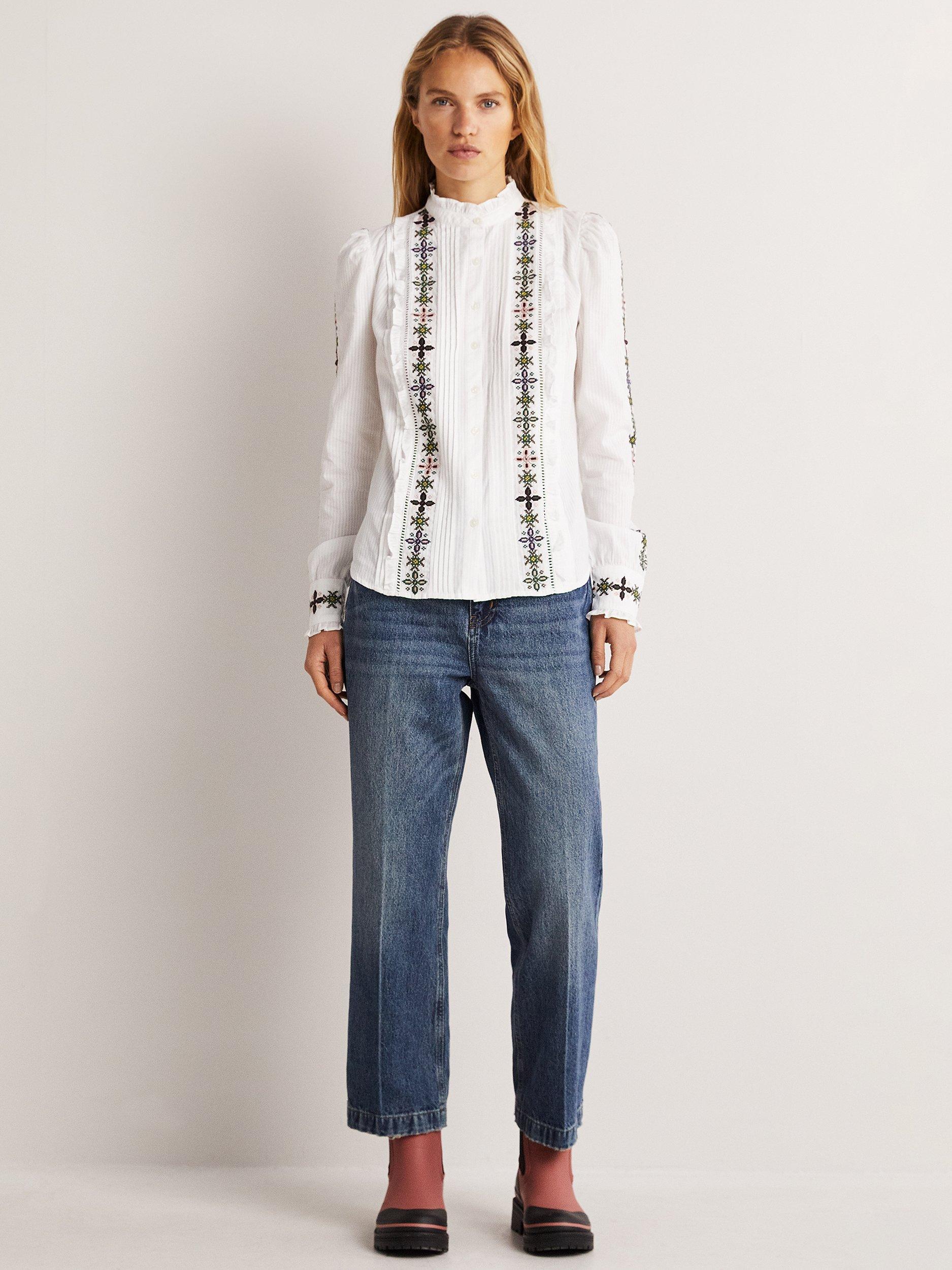 Boden Embroidered High Neck Shirt, White, 18