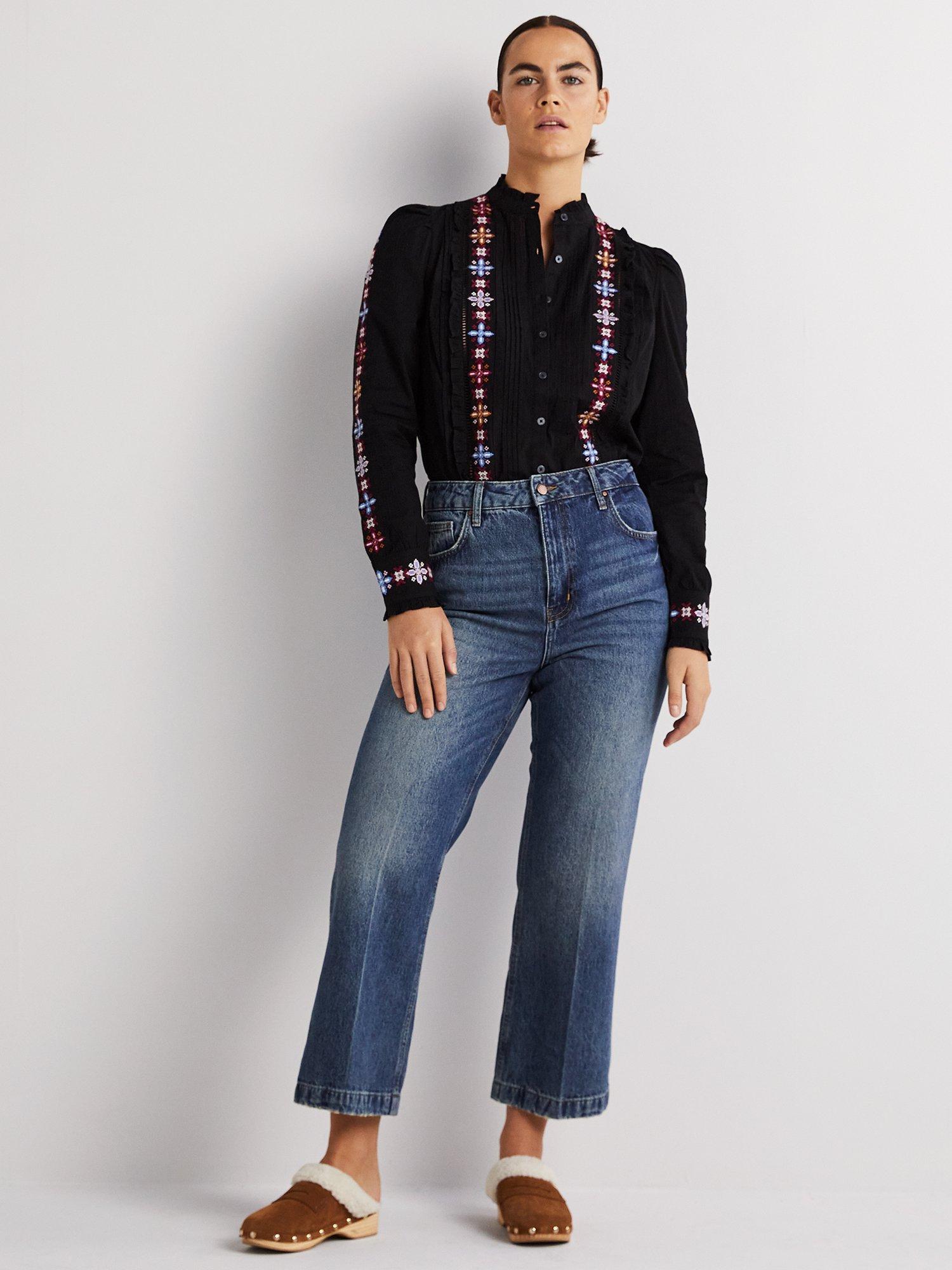 Boden Embroidered High Neck Shirt, Black, 10
