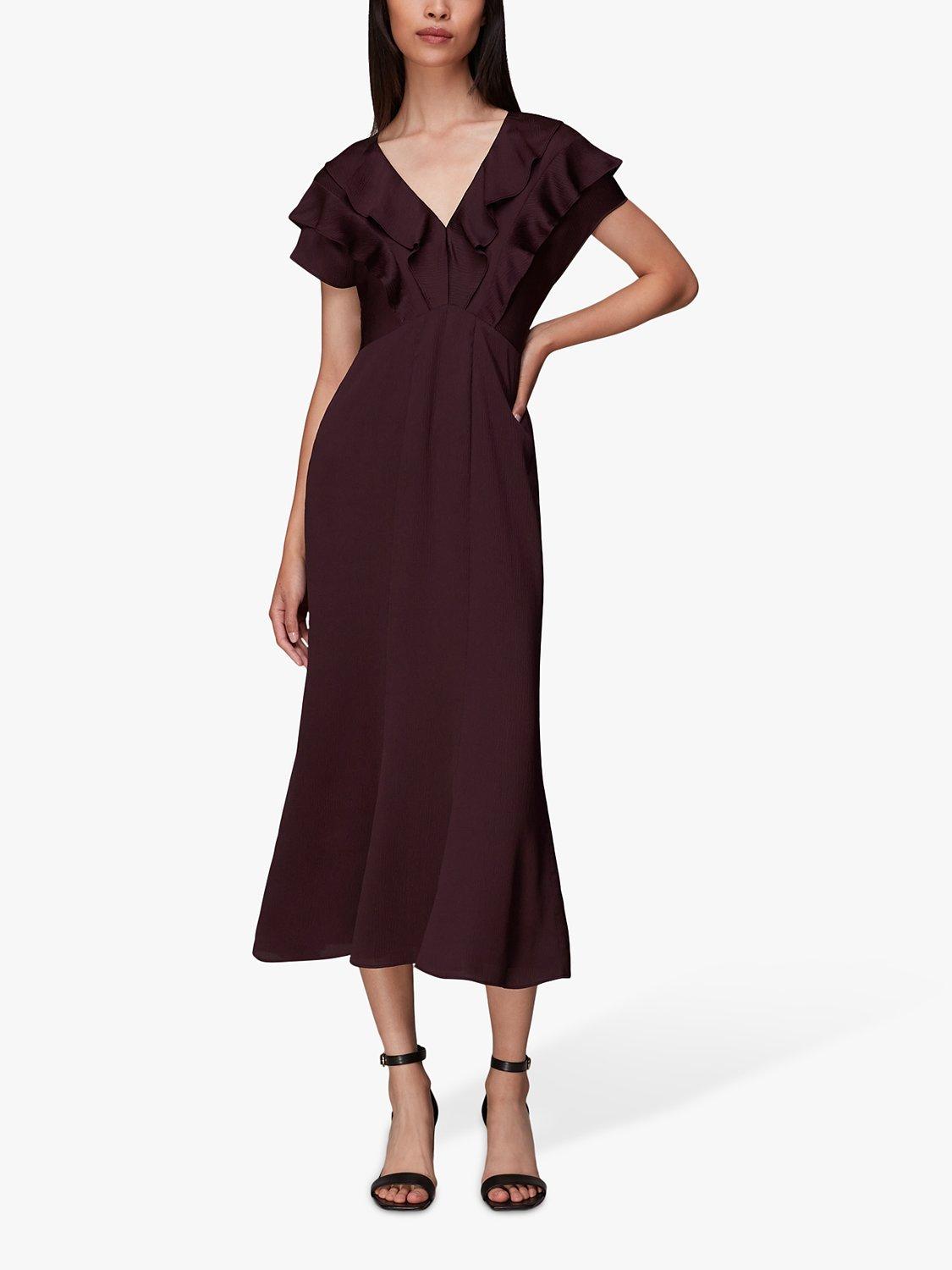 Whistles Adeline Frill Midi Dress, Aubergine