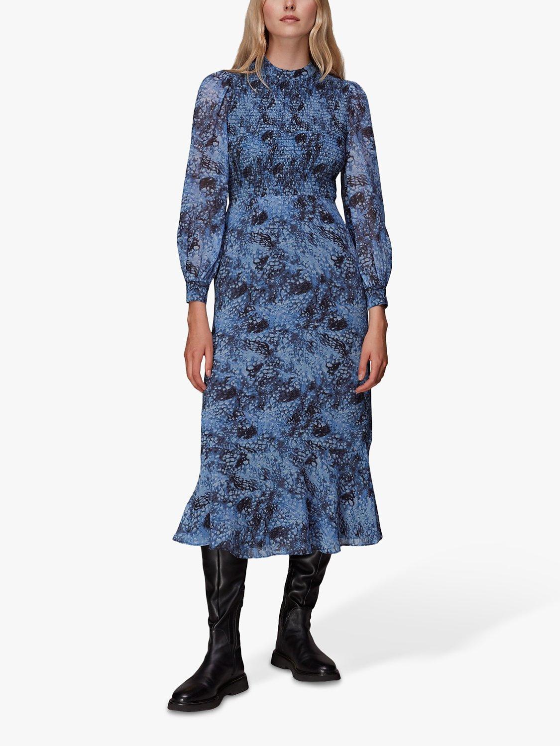 Whistles Snow Flurry Shirred Dress, Blue/Multi