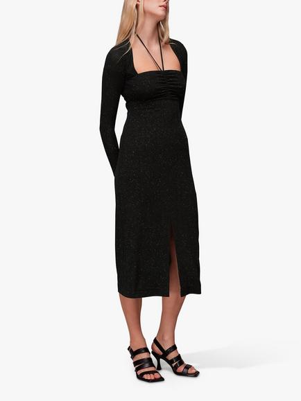 Whistles Jersey Sparkle Tie Neck Dress, Black, Black