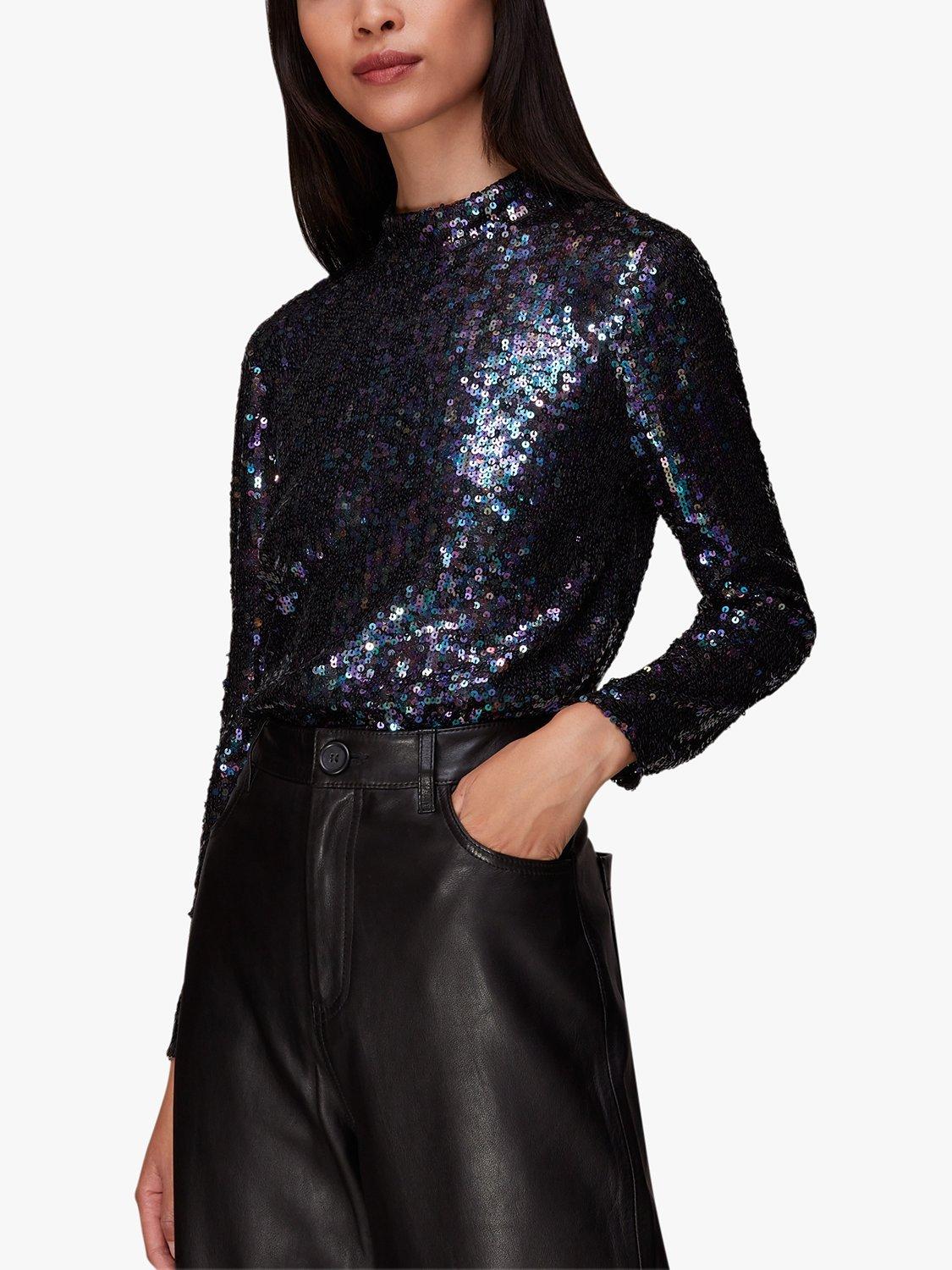 Whistles High Neck Sequin Top, Blue