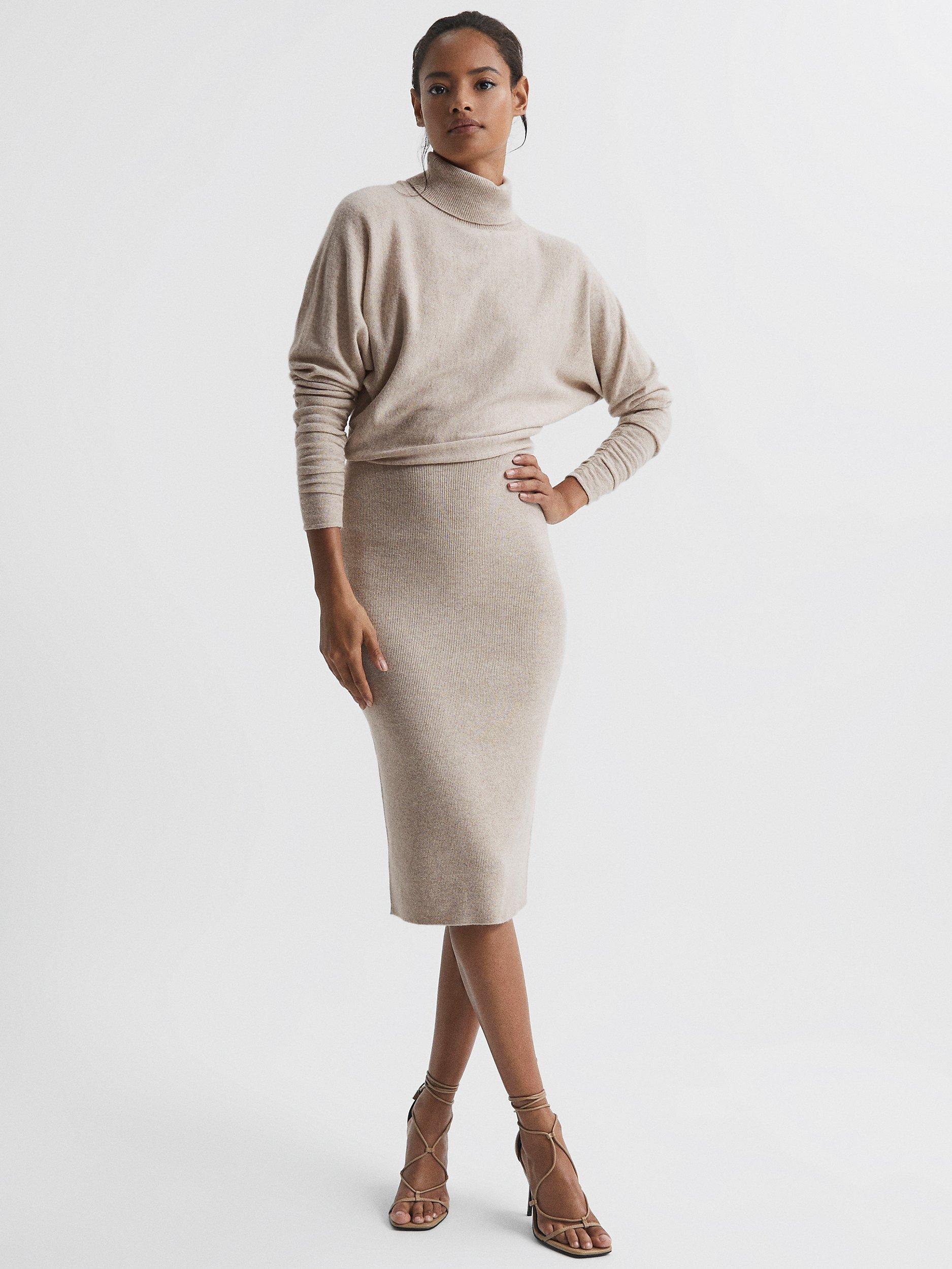 Reiss Fallon Wool Cashmere Blend Roll Neck Jumper Dress, Oatmeal