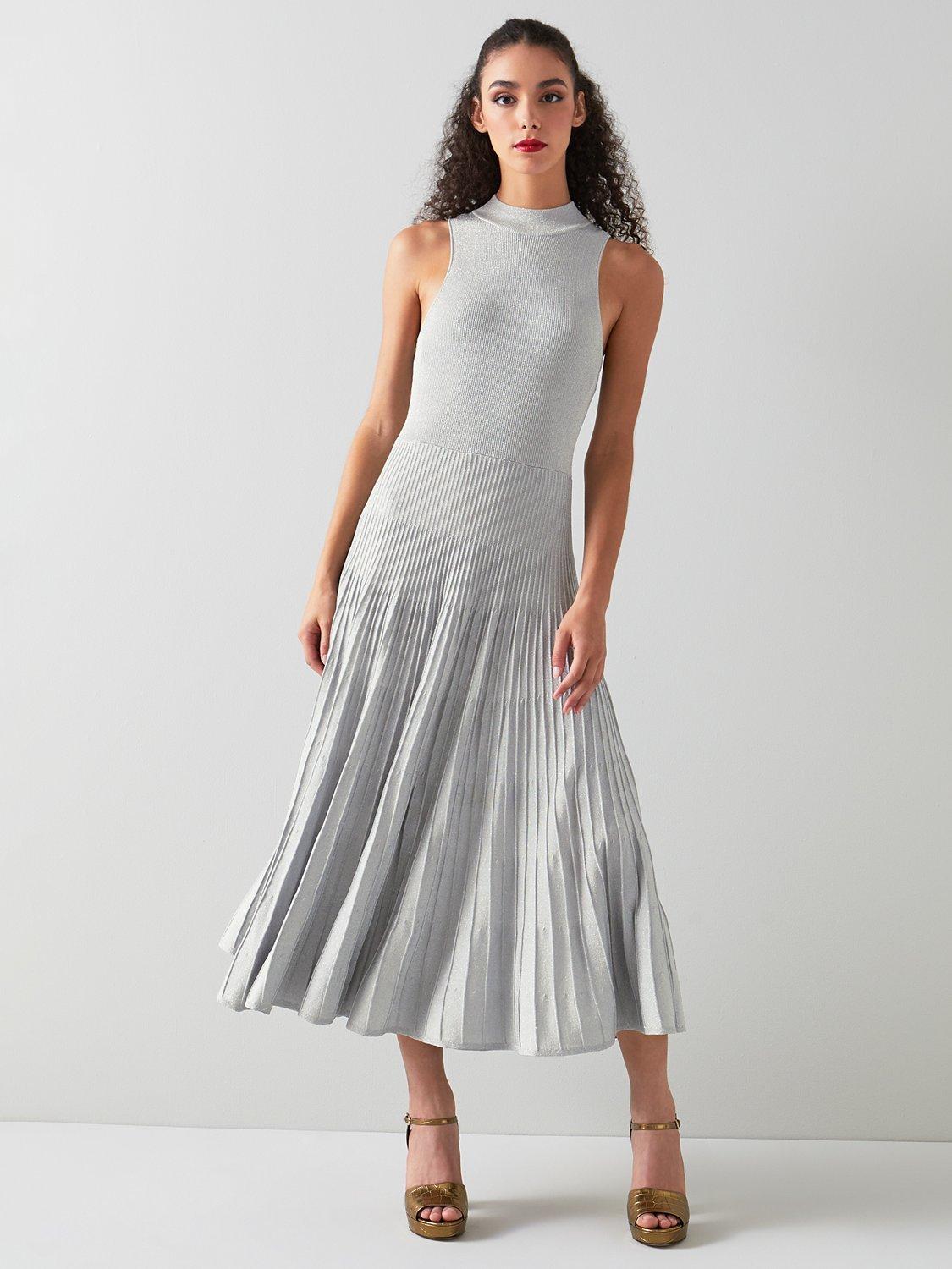 L.K.Bennett Scott Metallic Pleated Maxi Dress, Silver