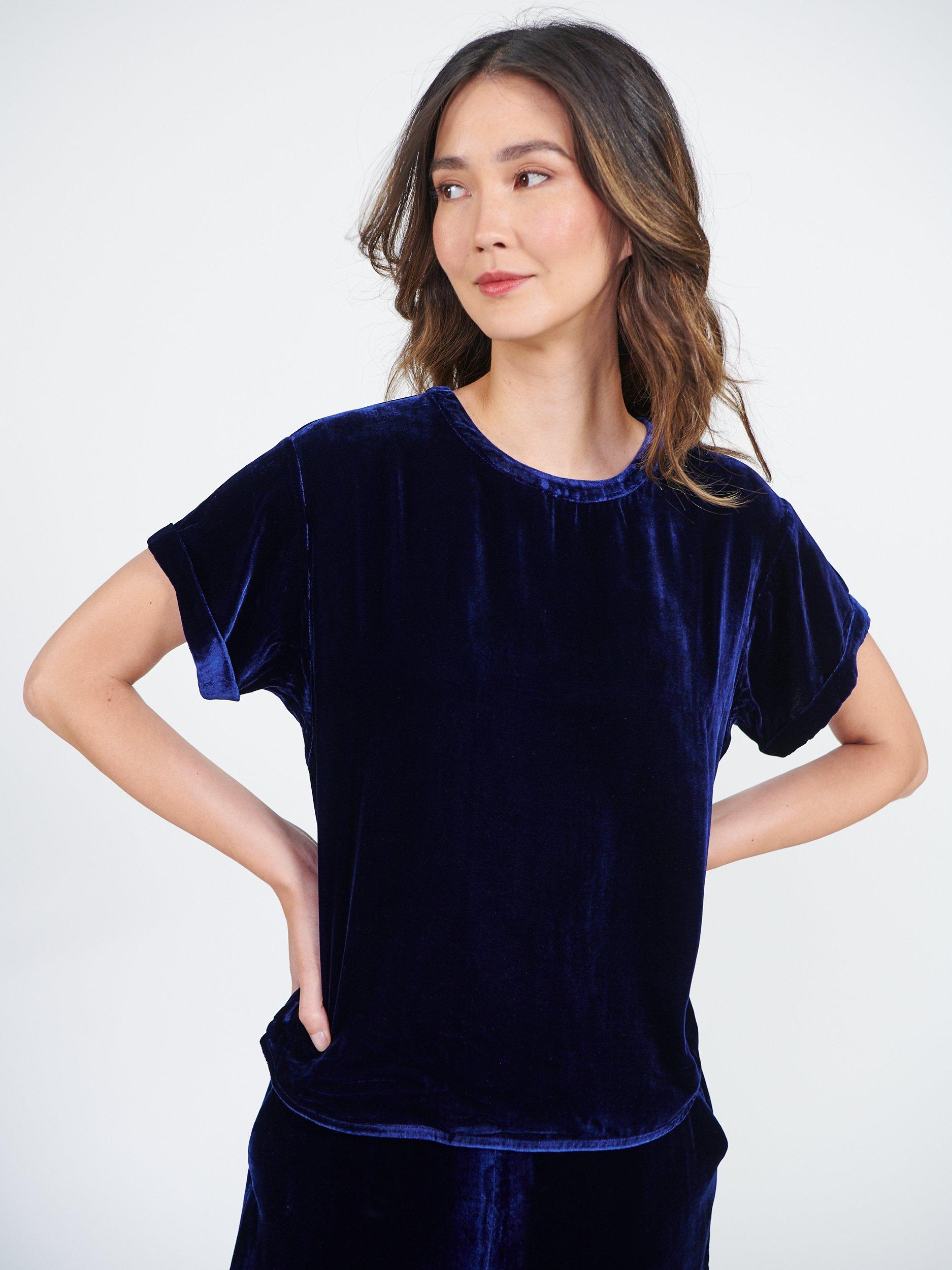 NRBY Orla Silk Blend Velvet Top, Navy, S