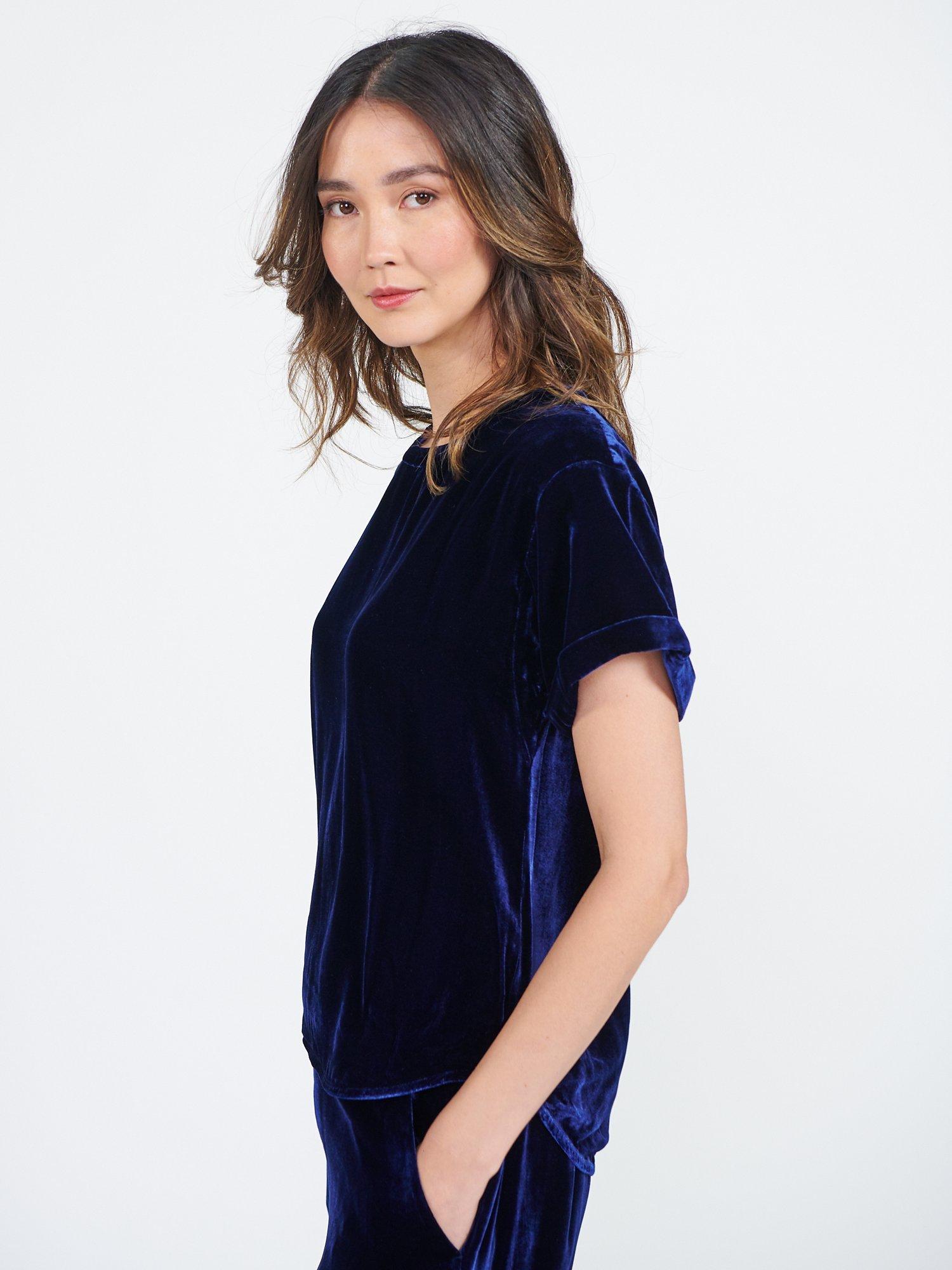 NRBY Orla Silk Blend Velvet Top, Navy, S