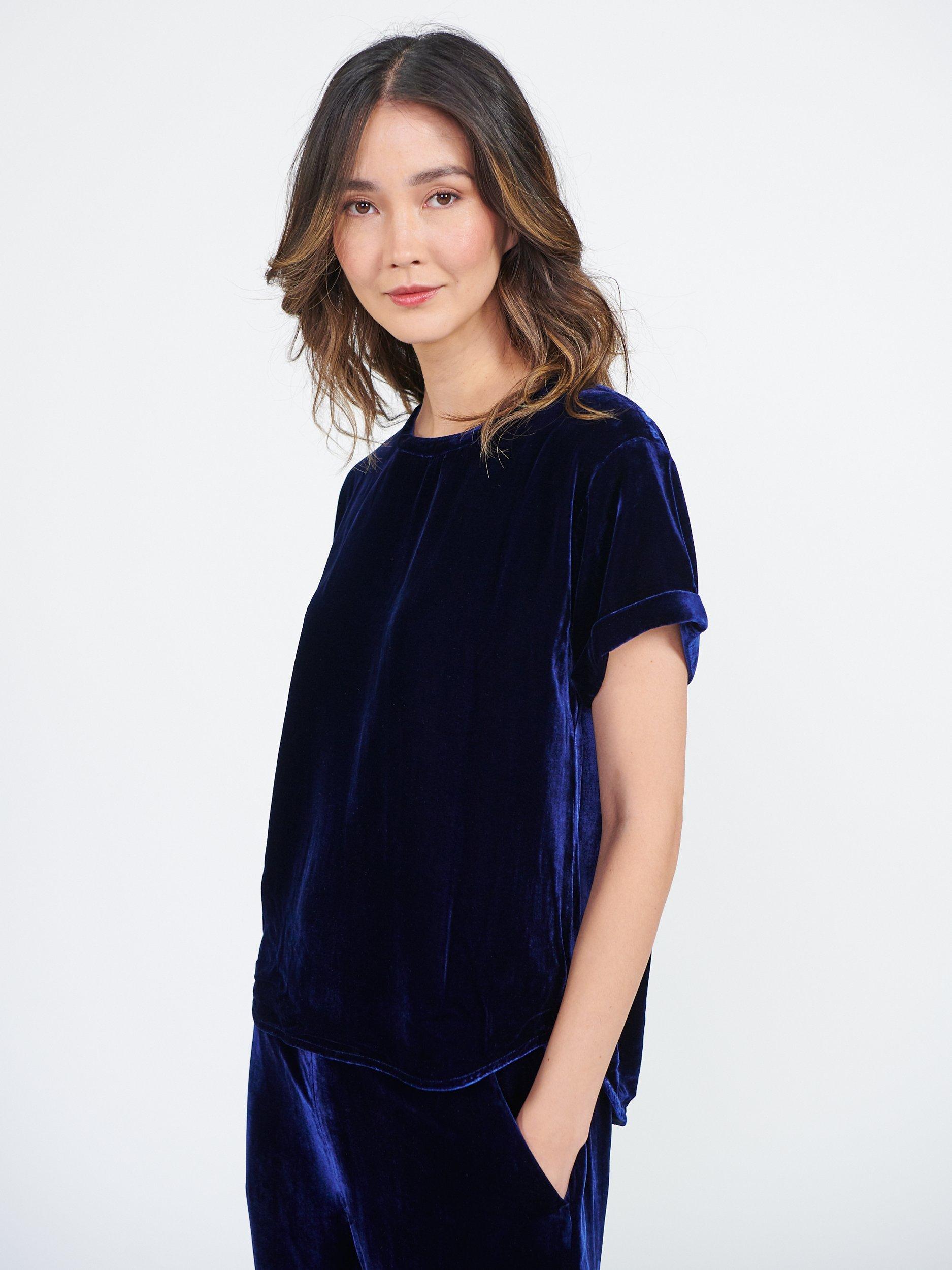 NRBY Orla Silk Blend Velvet Top, Navy, S