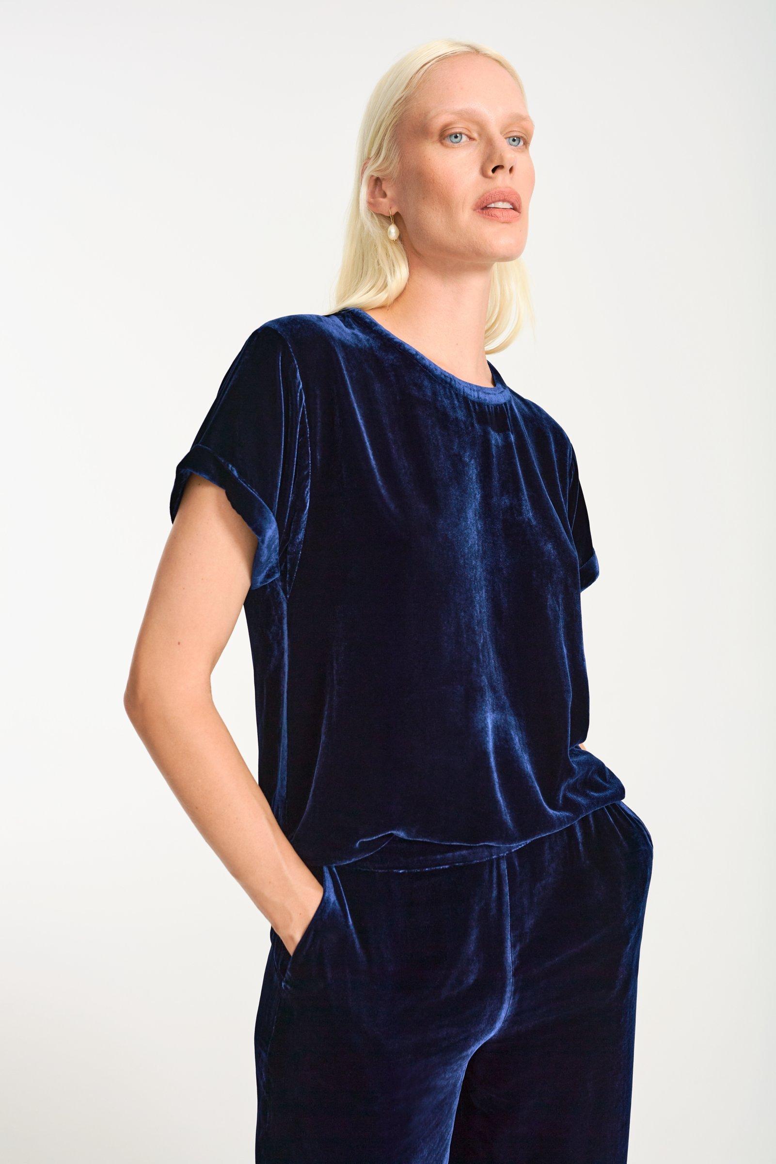 NRBY Orla Silk Blend Velvet Top, Navy, S