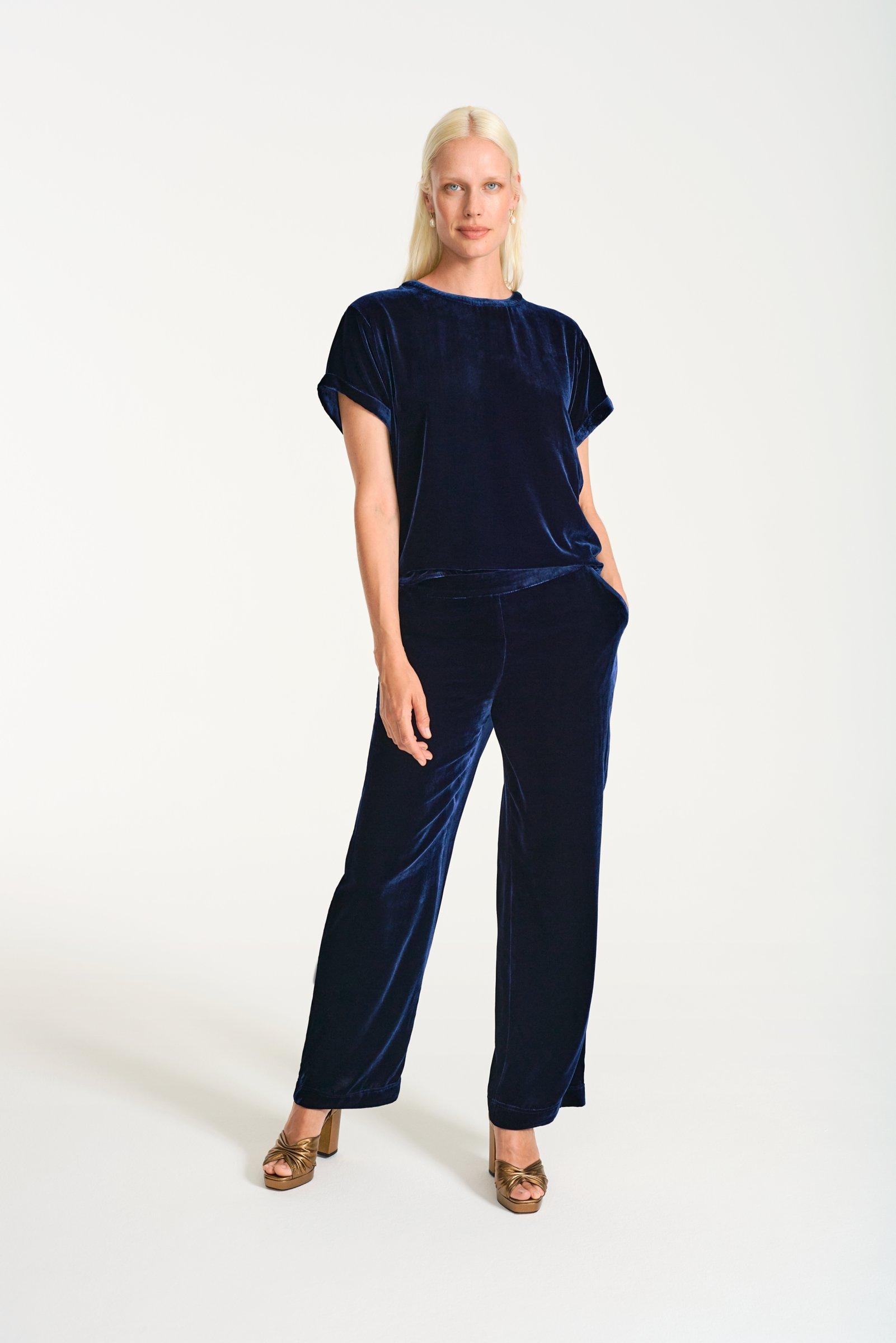 NRBY Thea Velvet Wide Leg Palazzo Trousers, Navy 