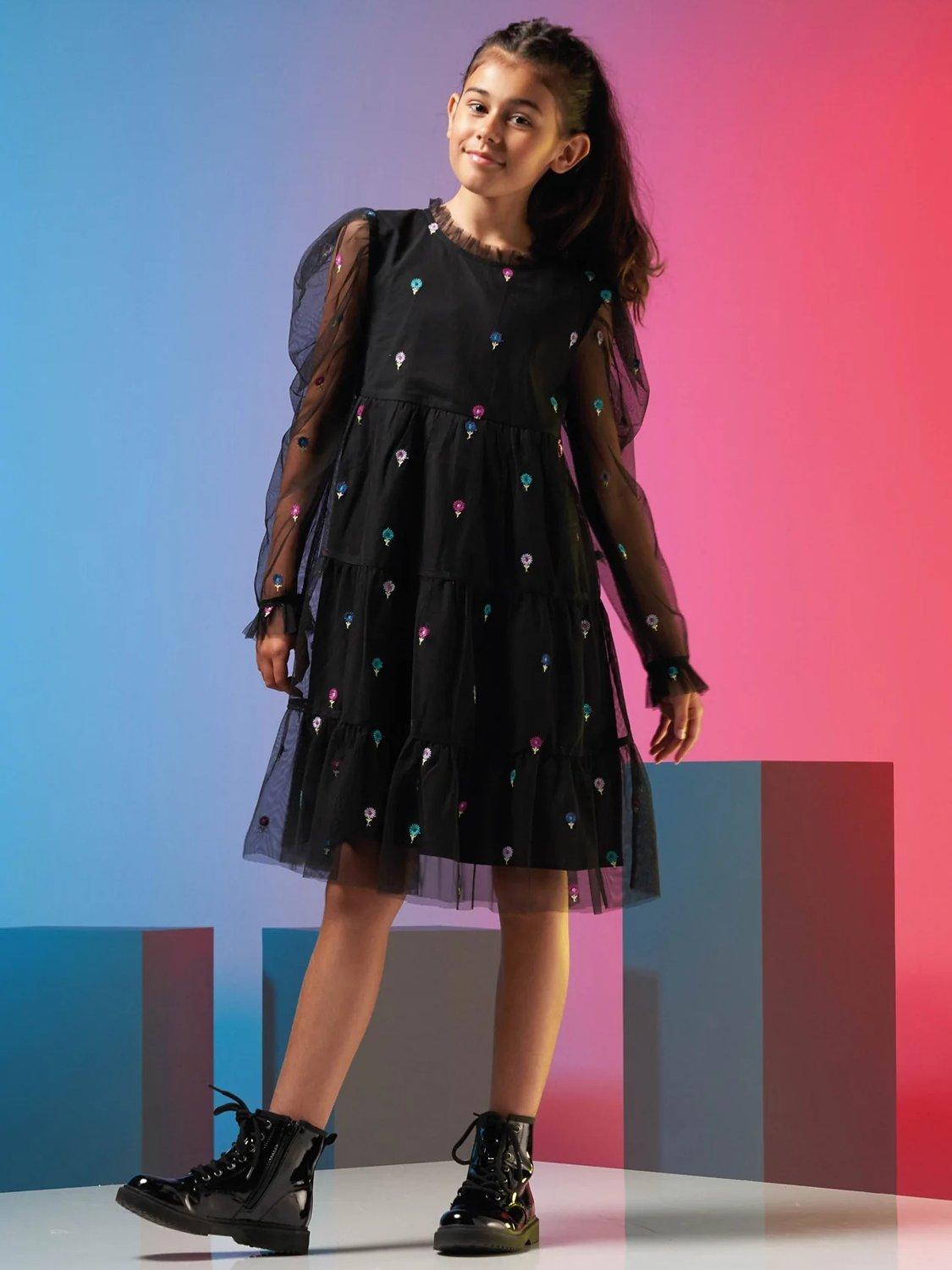 Angel & Rocket Kids' Daisy Embroidered Floral Party Dress, Black