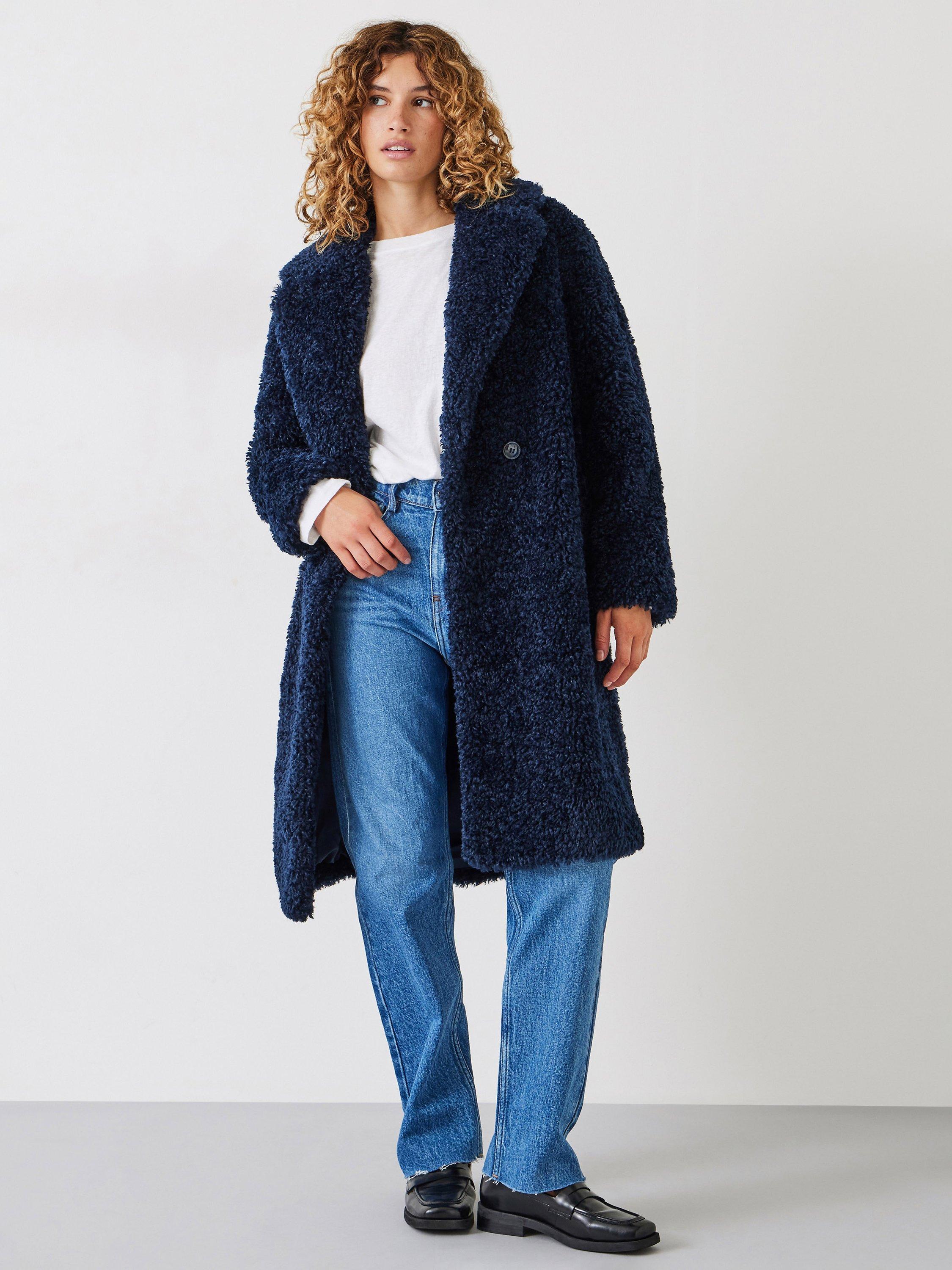 HUSH Leighton Textured Faux Fur Coat, Midnight Navy