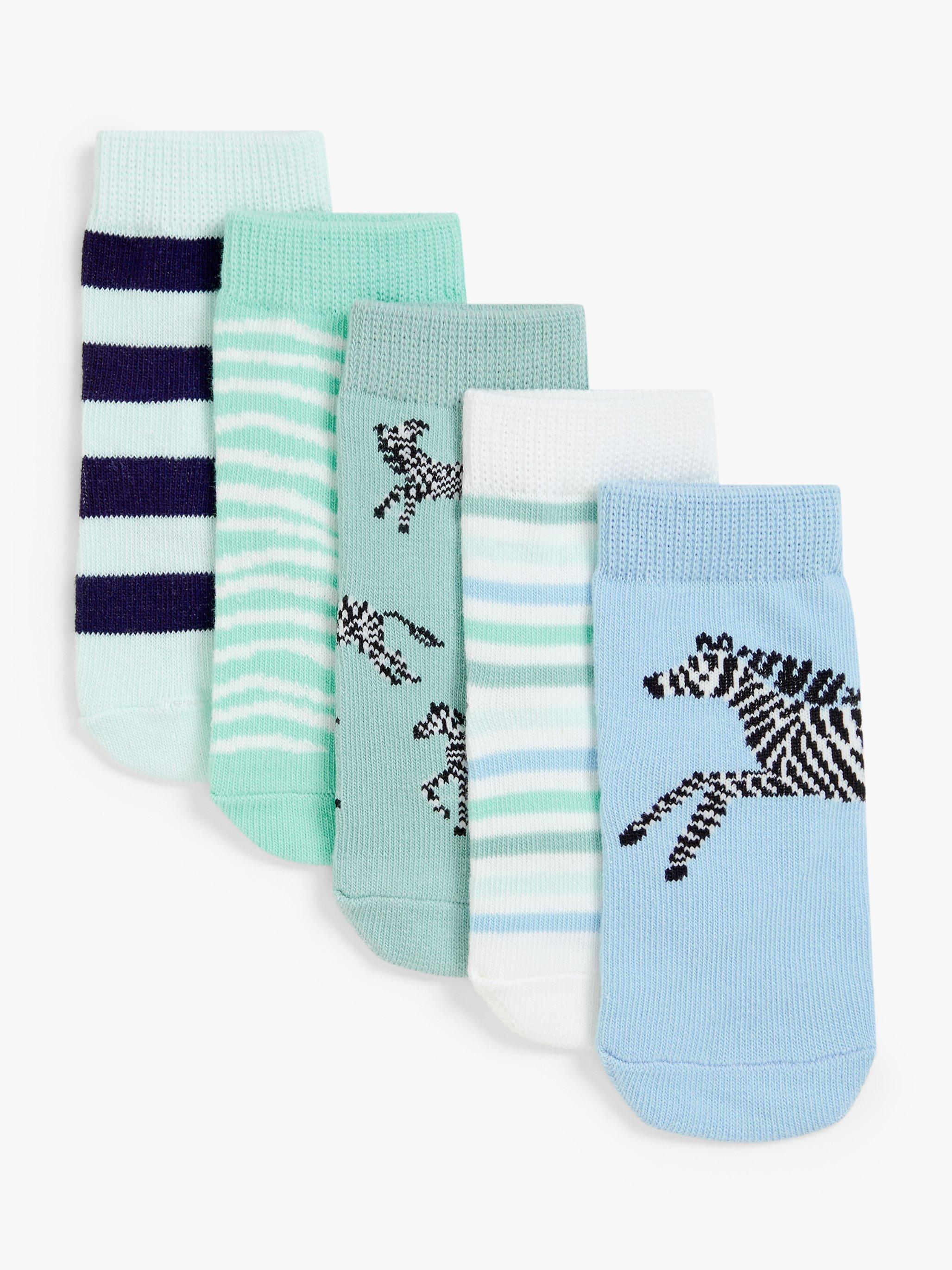 John Lewis Baby Organic Cotton Rich Zebra Theme Socks, Pack of 5, Blue