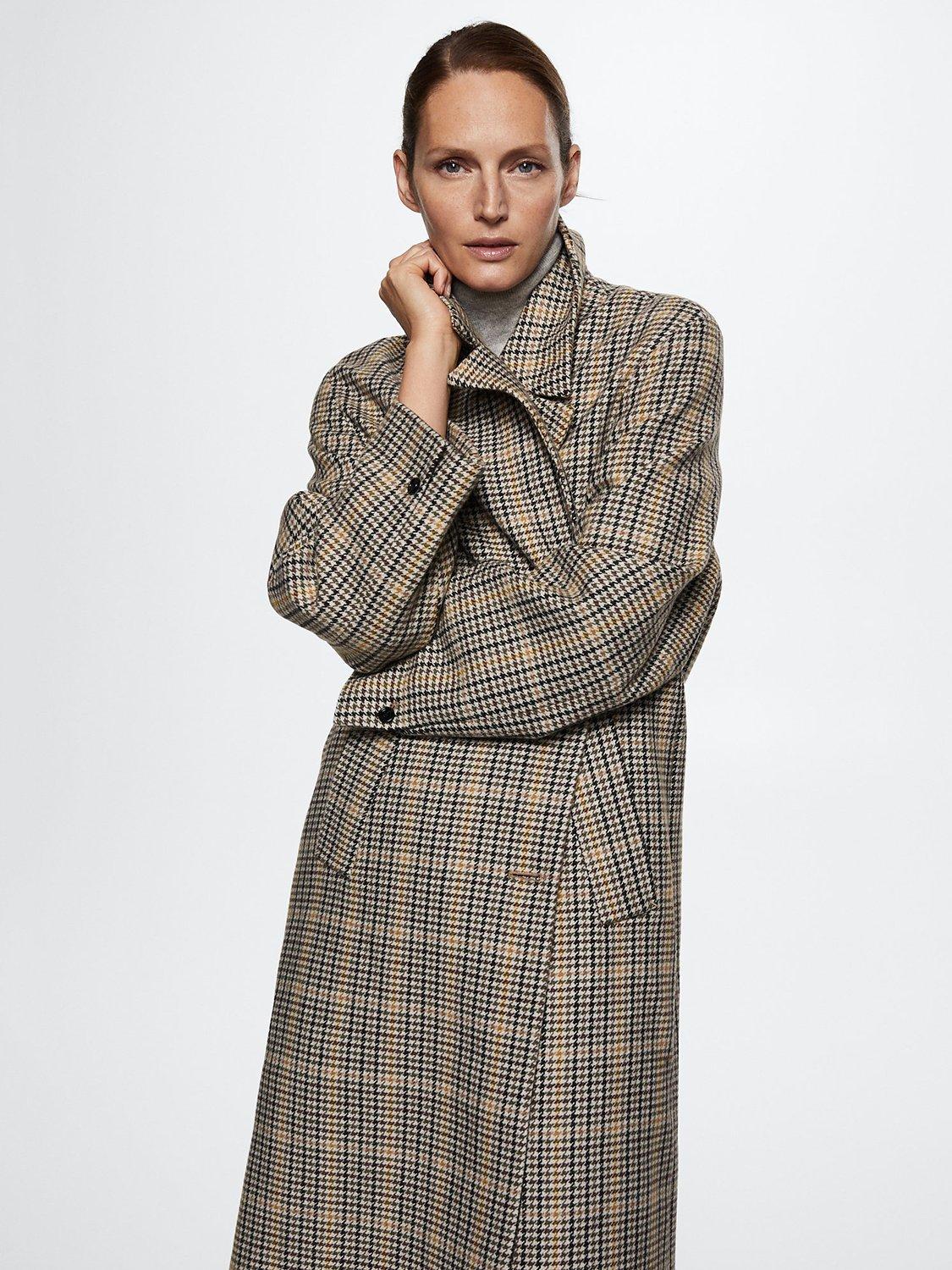 Product image 1 of 6, which shows Mango Dogtooth Wool Blend Tailored Coat, Brown, XXS