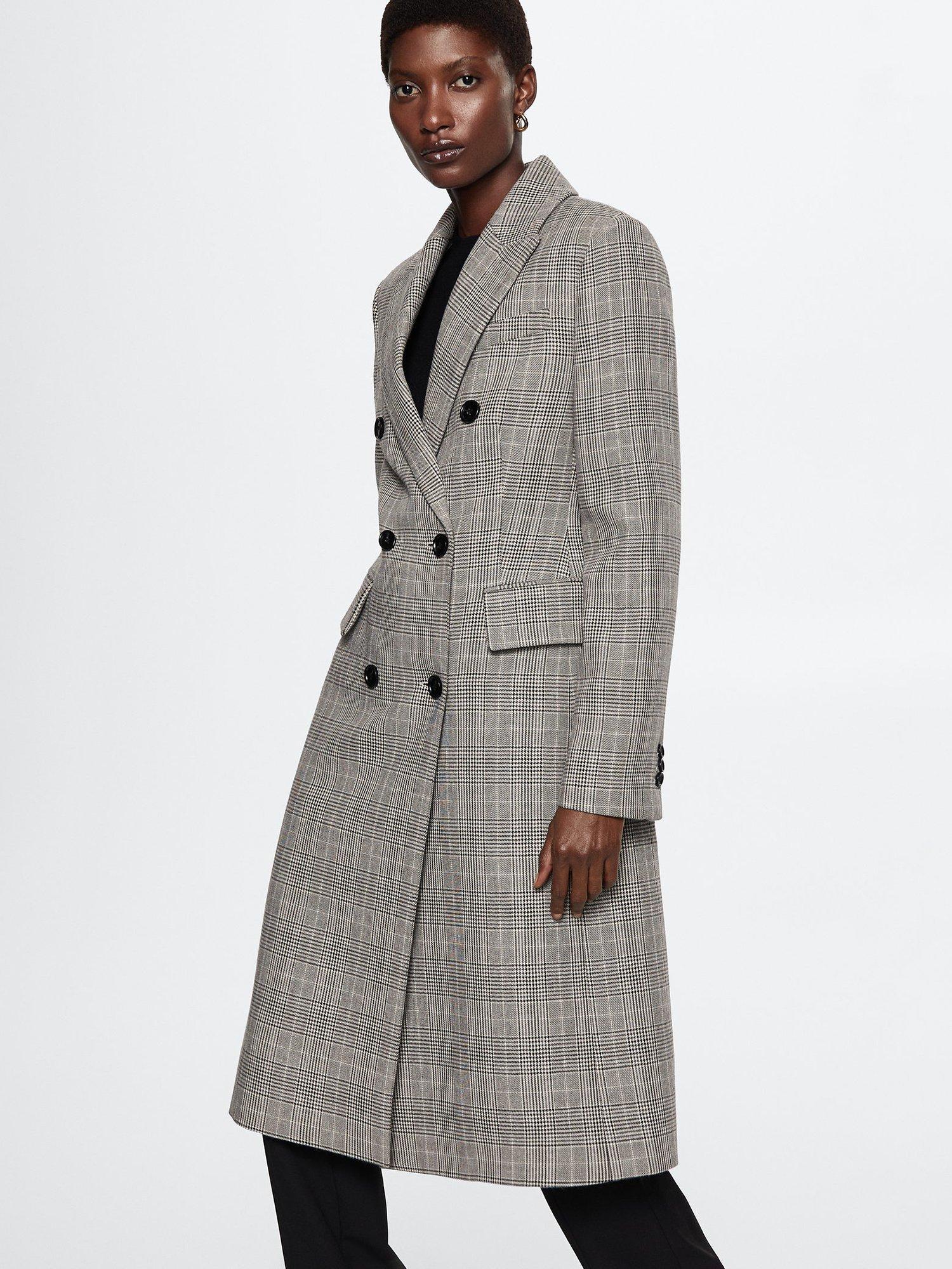 Product image 1 of 6, which shows Mango Martini Prince Of Wales Check Double Breasted Coat, Grey, XXS