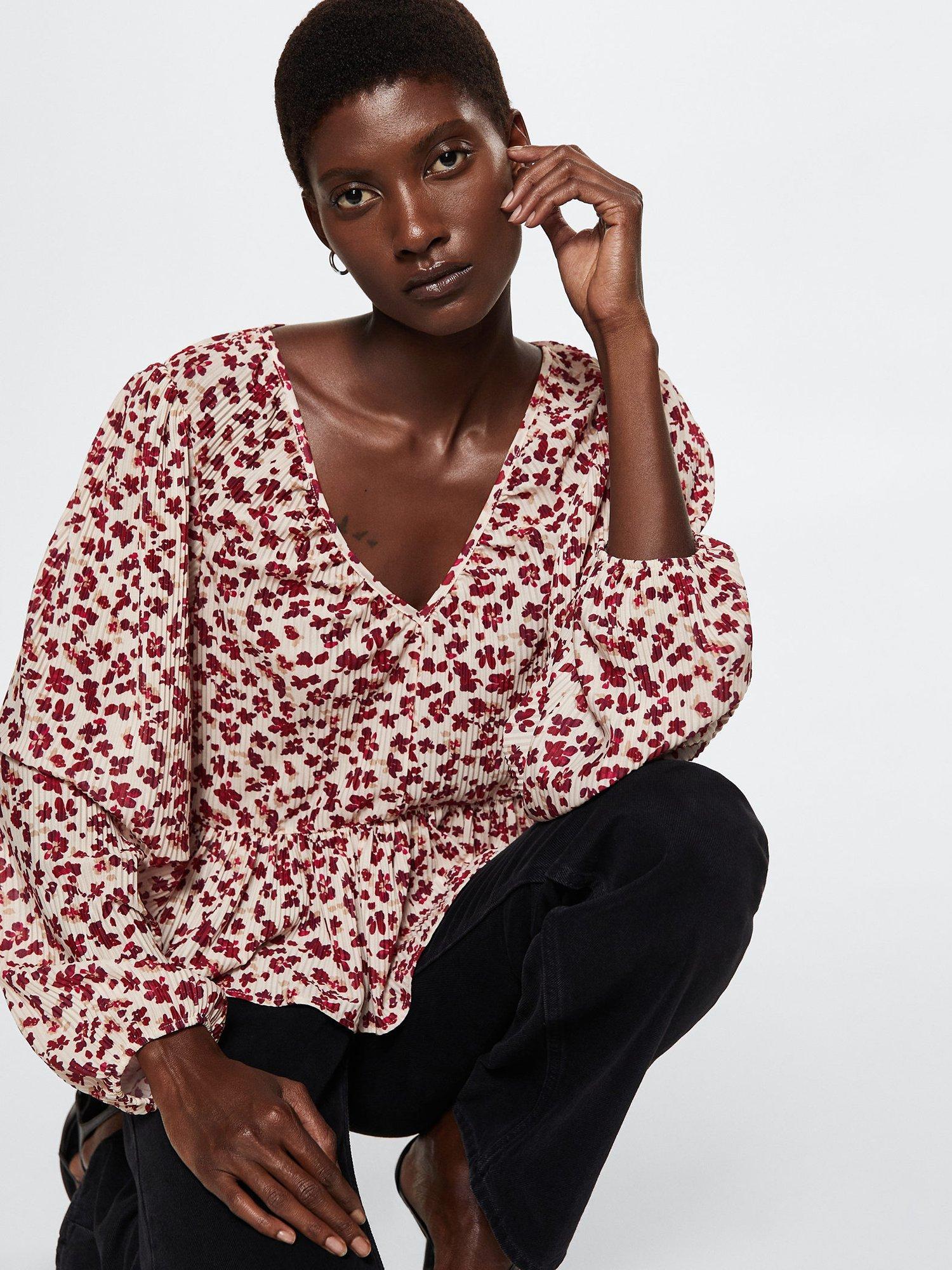 Mango Blulinda Floral Blouse, Light Beige