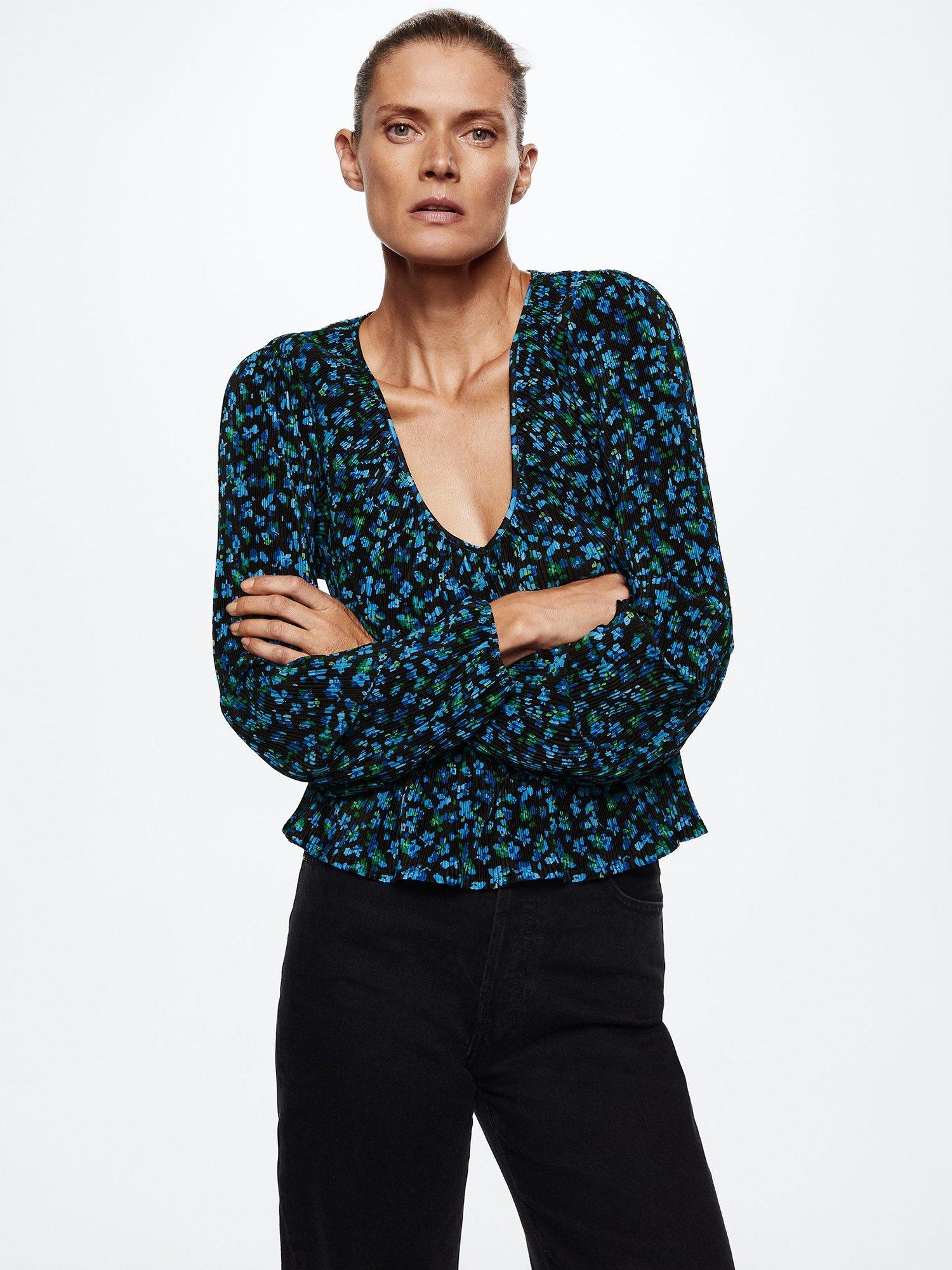 Mango Blulinda Floral Blouse, Medium Blue