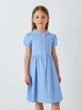 John Lewis School Belted Gingham Checked Summer Dress, Blue Light