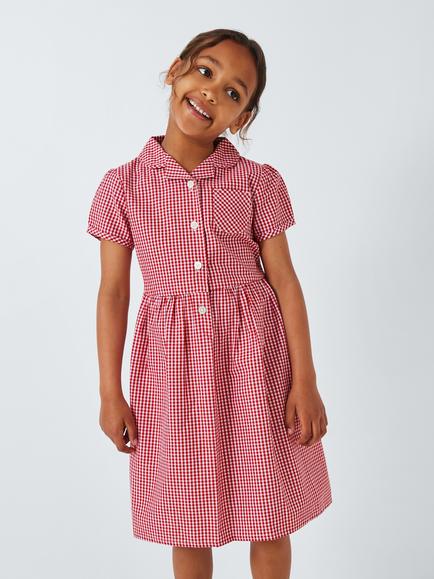 John Lewis School Belted Gingham Checked Summer Dress, Red Mid