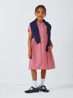 John Lewis School Belted Gingham Checked Summer Dress - view 2, Red Mid