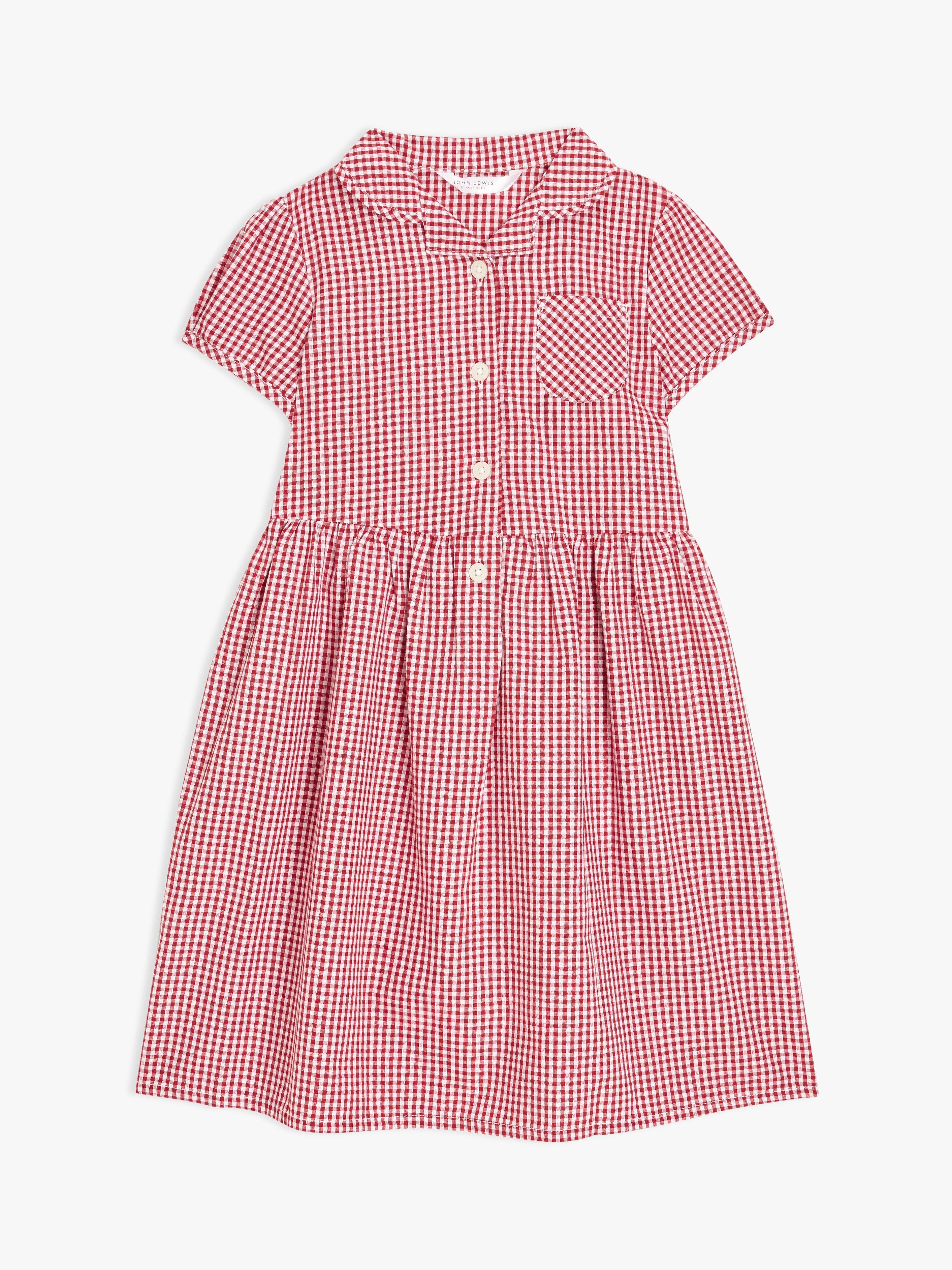 John Lewis School Belted Gingham Checked Summer Dress Red Mid